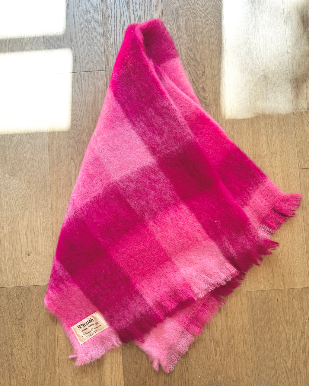Vintage 1960s Waratah Mohair Throw Blanket: Pink Check, Made in Australia 50"X70"