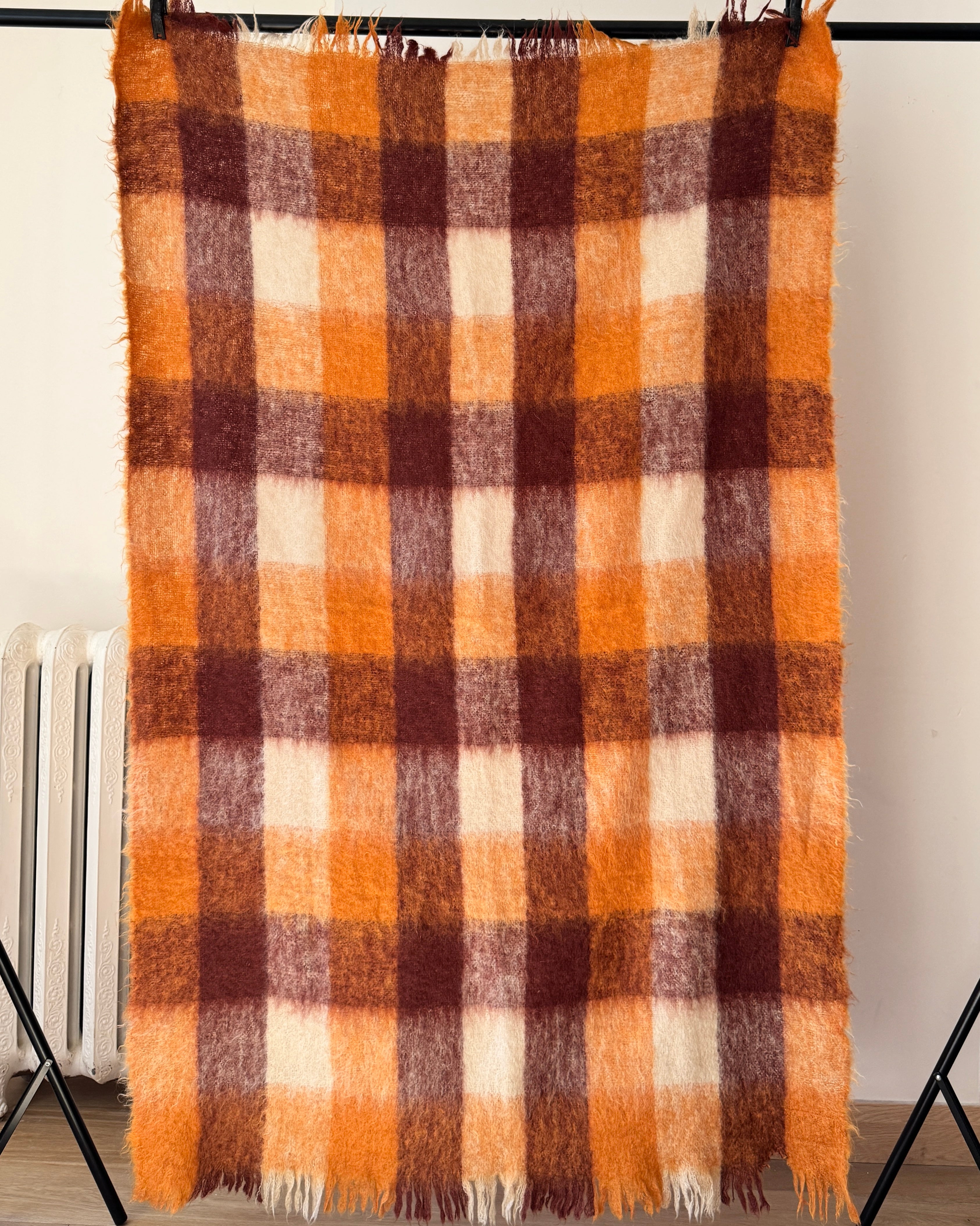 Vintage 1950s Glen Cree Mohair Throw Blanket: Orange Brown Check, Made in Scotland  45"X72"