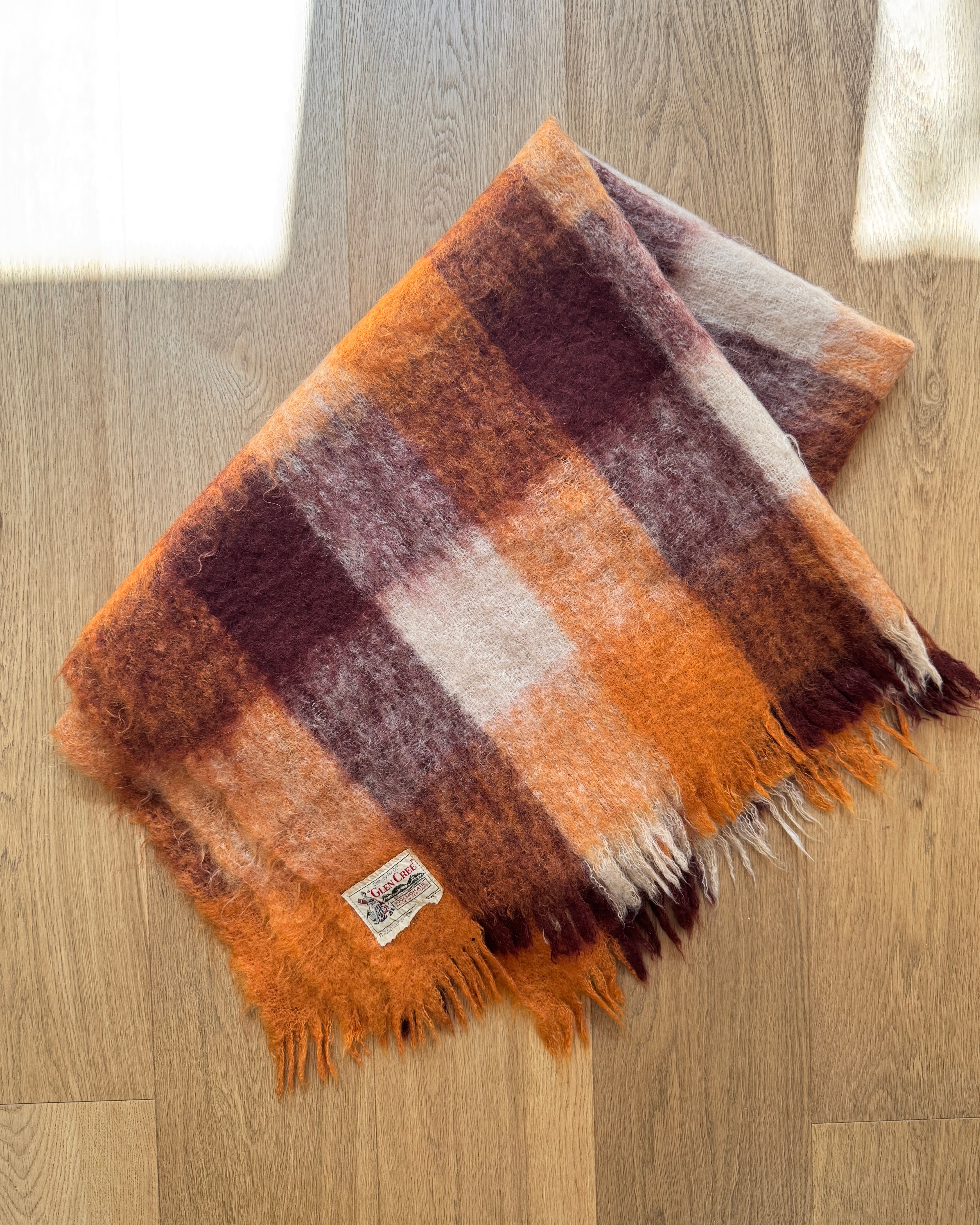 Vintage 1950s Glen Cree Mohair Throw Blanket: Orange Brown Check, Made in Scotland  45"X72"