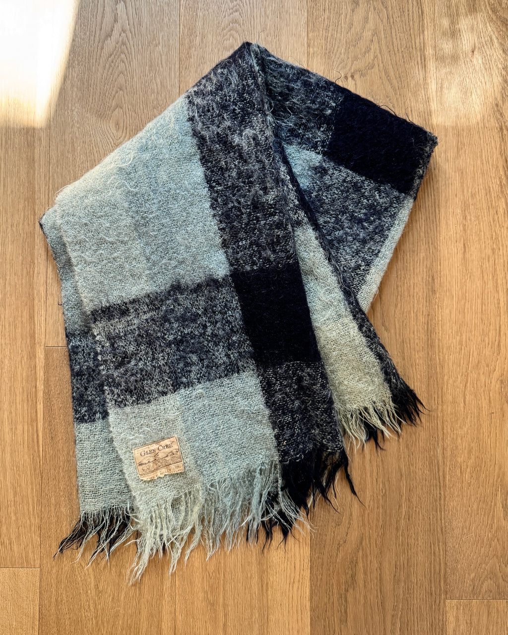 Vintage 1950s Glen Cree Mohair Throw Blanket: Black Grey Check, Made in Scotland 48"X74"