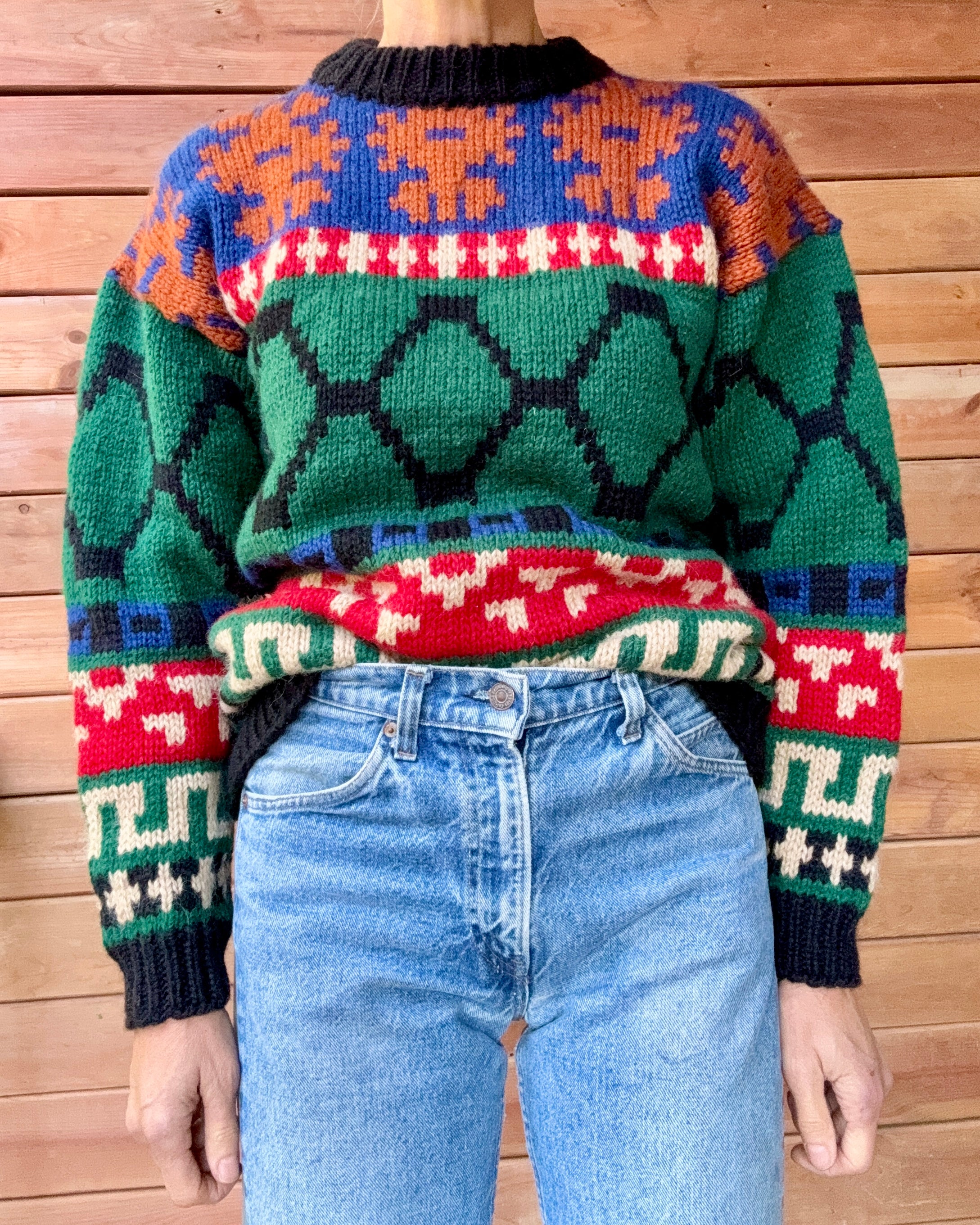 Vintage Passports Wool Knit Navajo / Fair Isle / Nordic Style Sweater: Chunky Ski Pullover