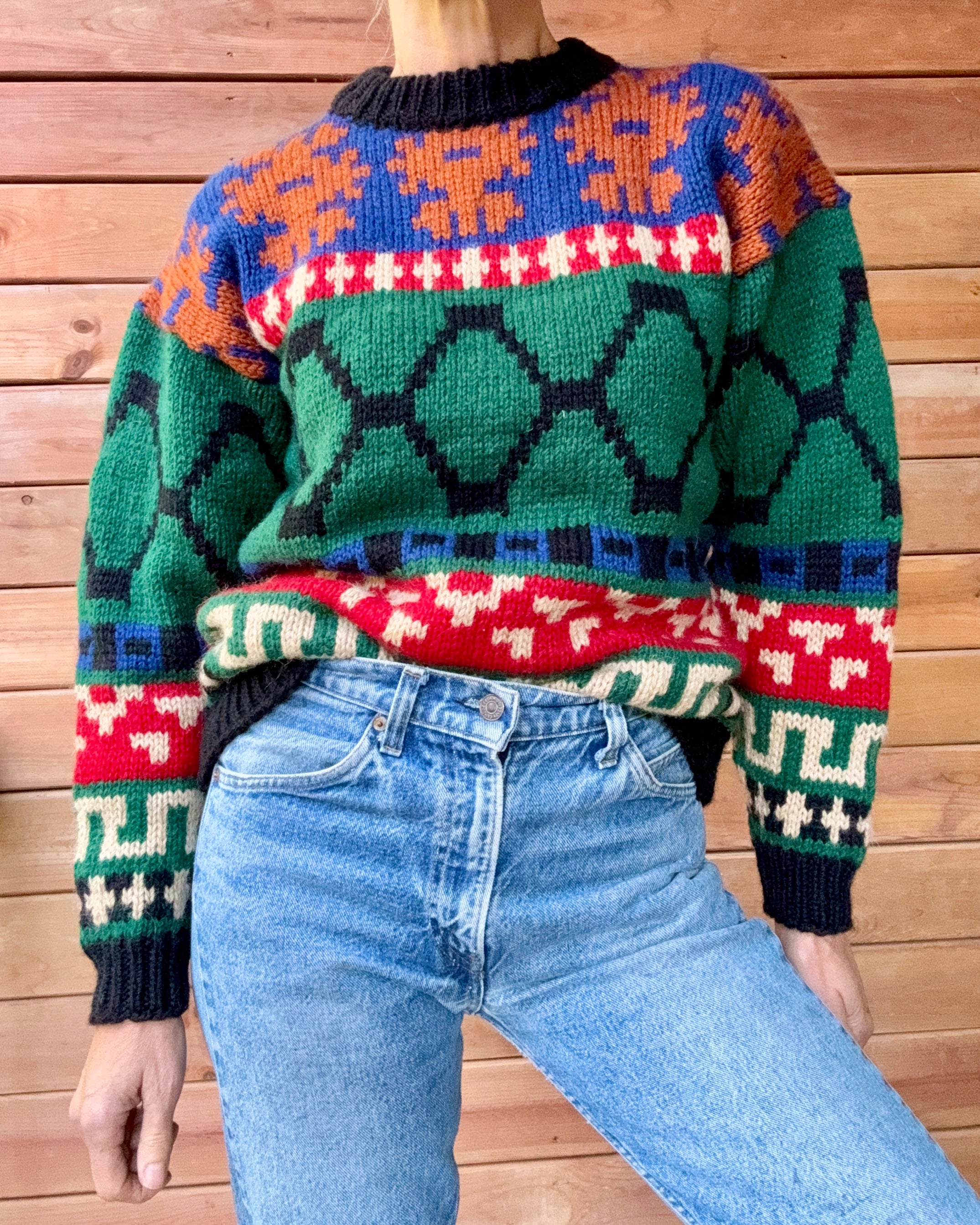 Vintage Passports Wool Knit Navajo / Fair Isle / Nordic Style Sweater: Chunky Ski Pullover