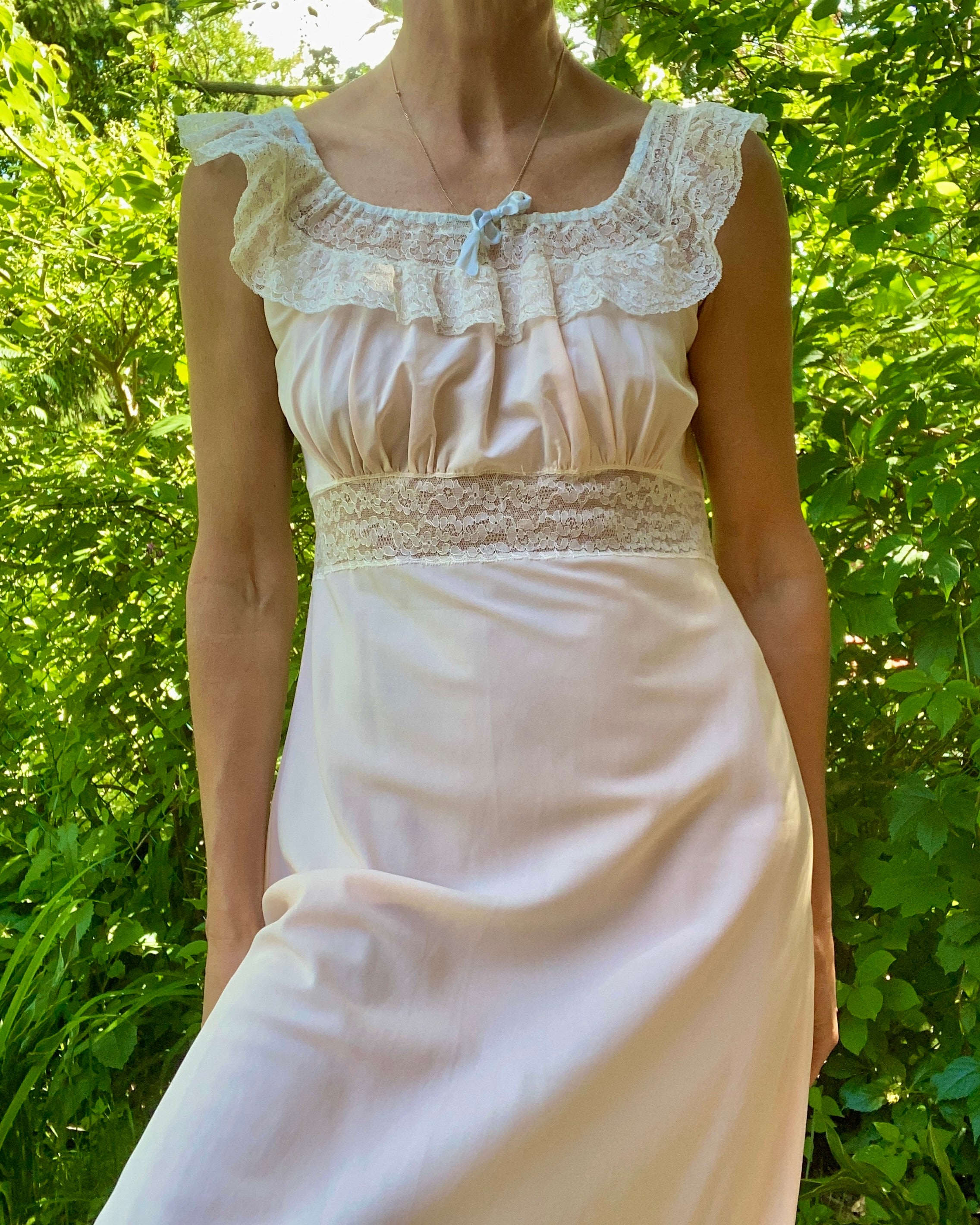 VINTAGE 1930s 1940s RADCLIFFE Bias Cut Blush Slip Dress Nightgown with Lace Size M