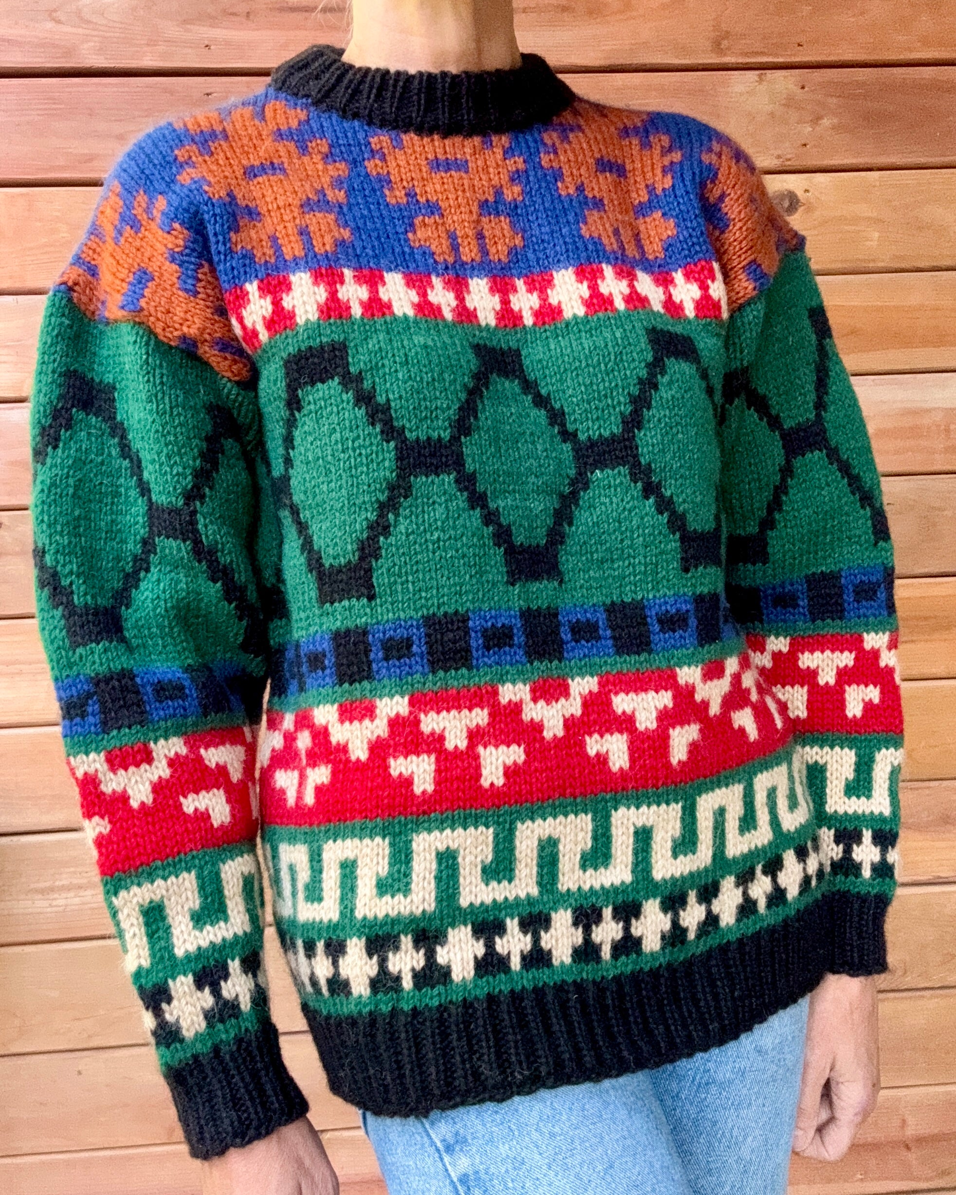 Vintage Passports Wool Knit Navajo / Fair Isle / Nordic Style Sweater: Chunky Ski Pullover