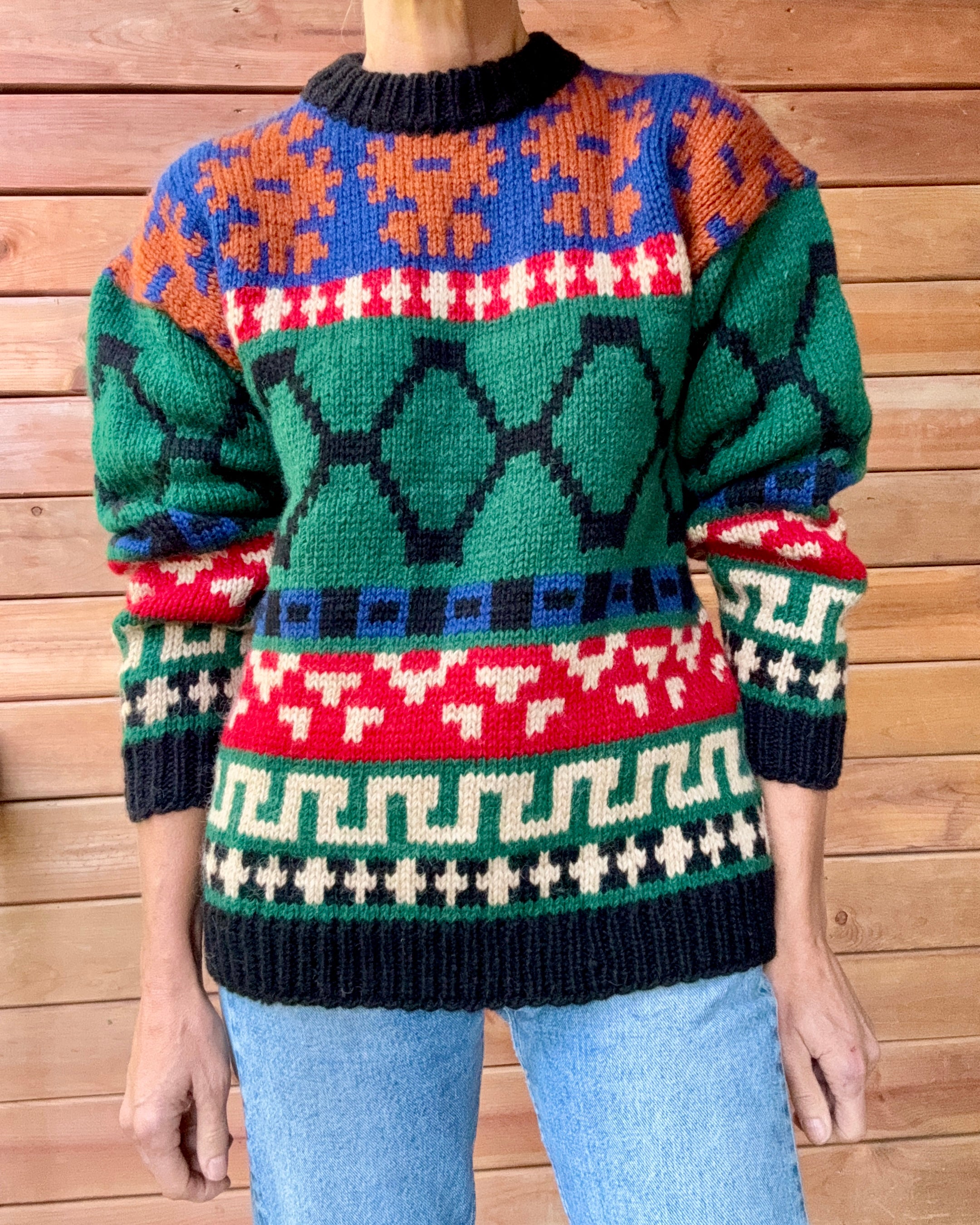 Vintage Passports Wool Knit Navajo / Fair Isle / Nordic Style Sweater: Chunky Ski Pullover