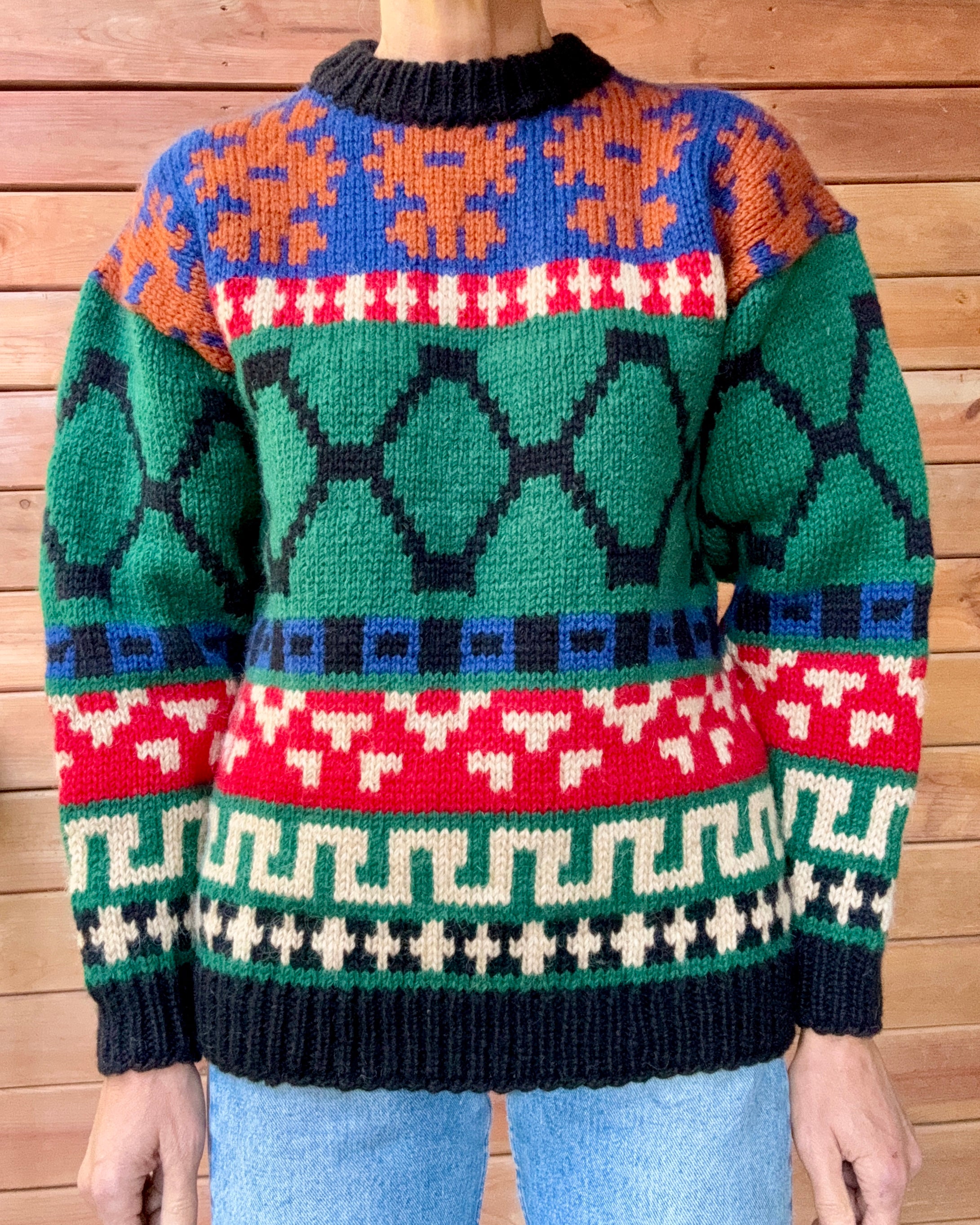 Vintage Passports Wool Knit Navajo / Fair Isle / Nordic Style Sweater: Chunky Ski Pullover