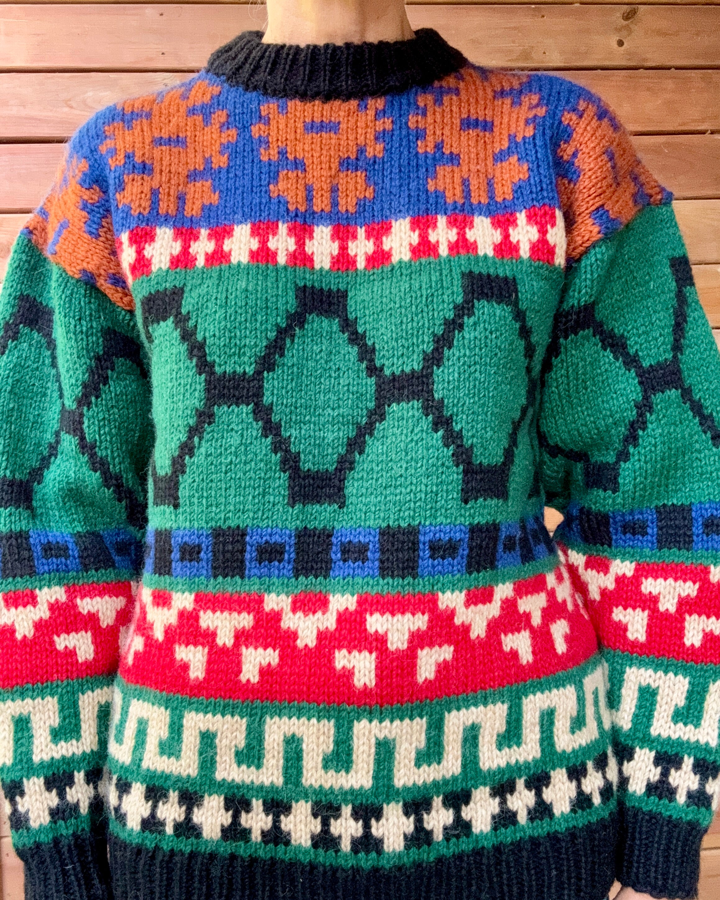 Vintage Passports Wool Knit Navajo / Fair Isle / Nordic Style Sweater: Chunky Ski Pullover