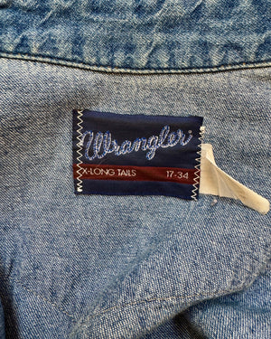 Vintage 1990s Wrangler Classic Pearl Snap Jean Shirt Jacket with X Long Tails Made in USA