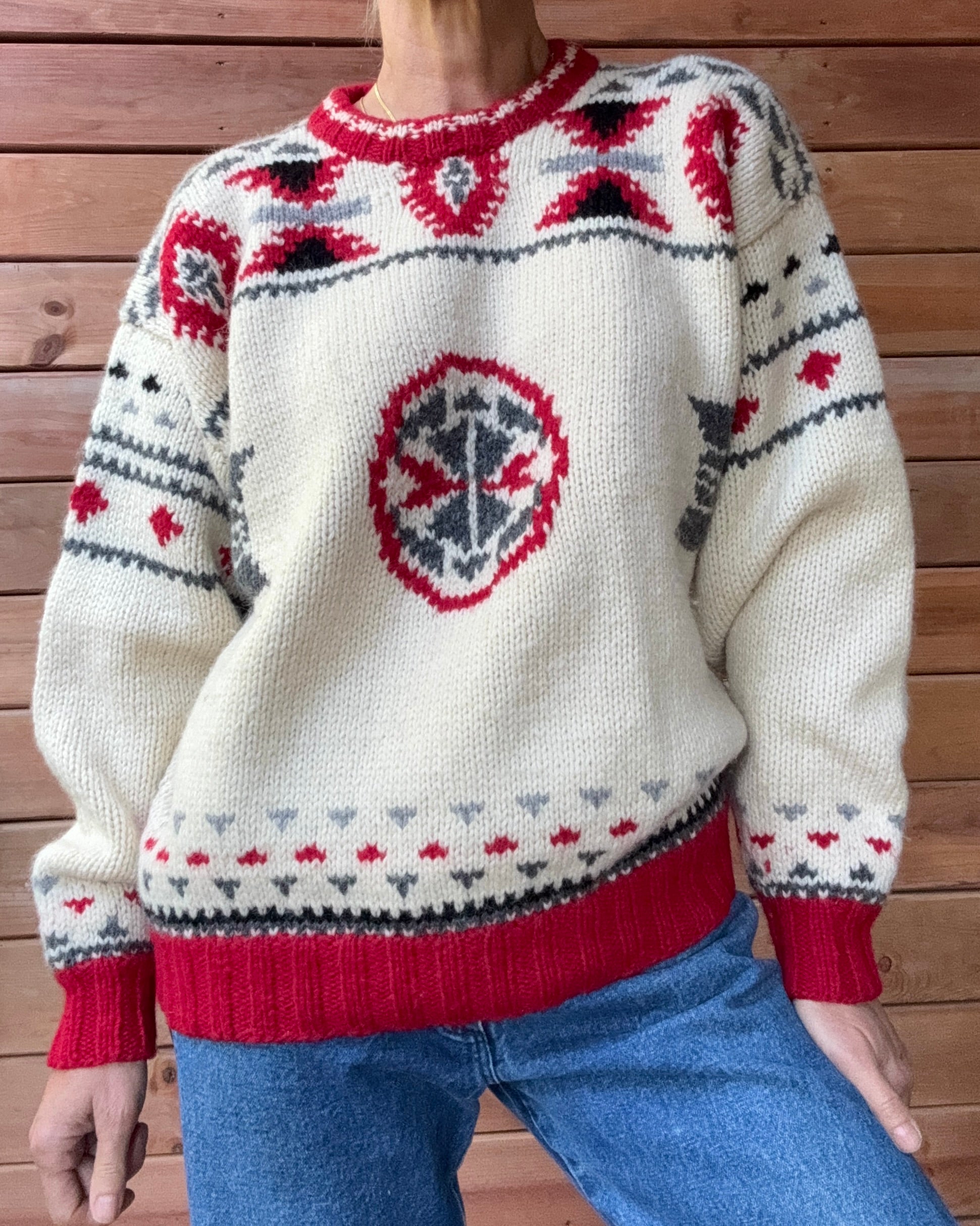 Vintage Leo Chevalier Shetland Wool Knit Navajo Pattern Style Fair Isle Sweater: Chunky Ski Pullover M/L