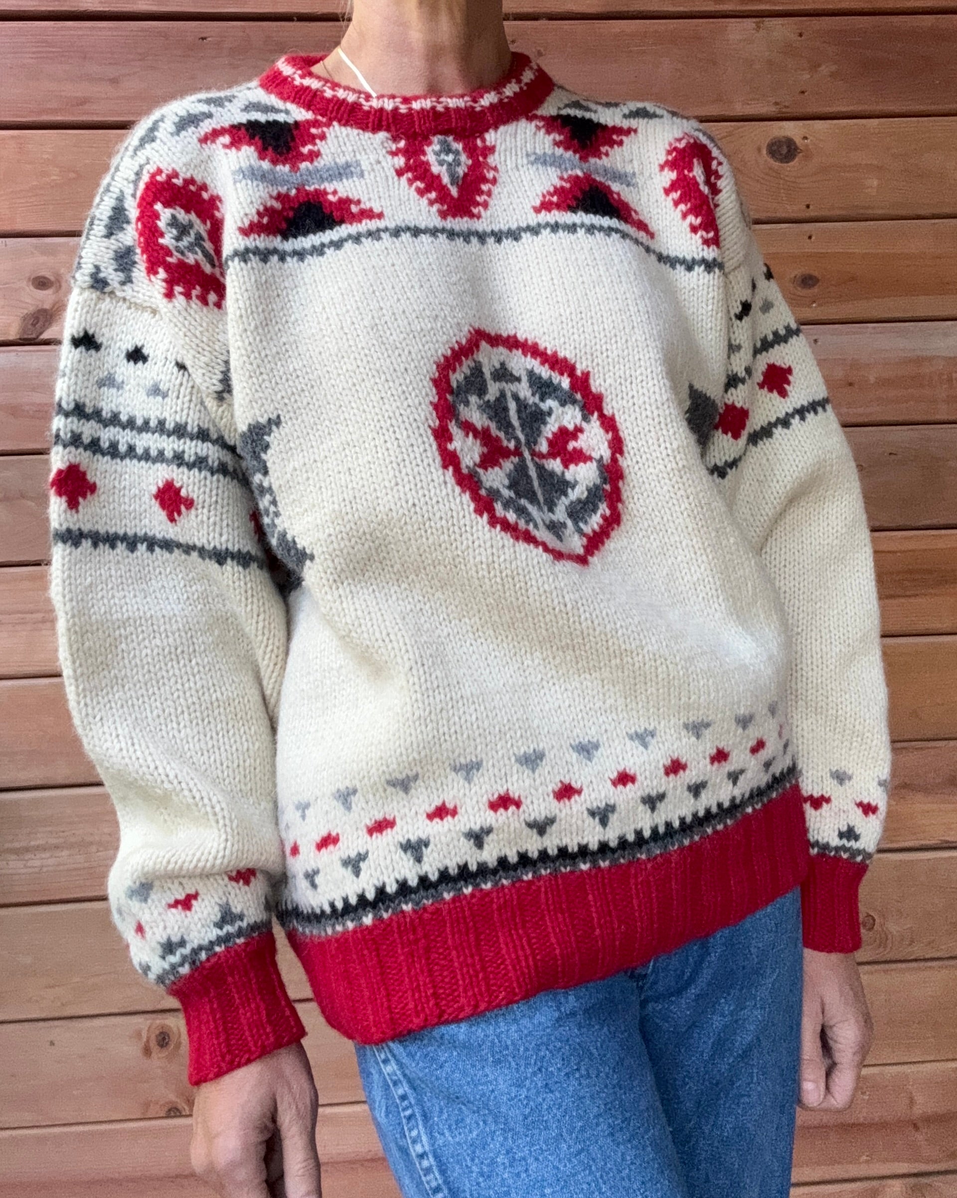 Vintage Leo Chevalier Shetland Wool Knit Navajo Pattern Style Fair Isle Sweater: Chunky Ski Pullover M/L