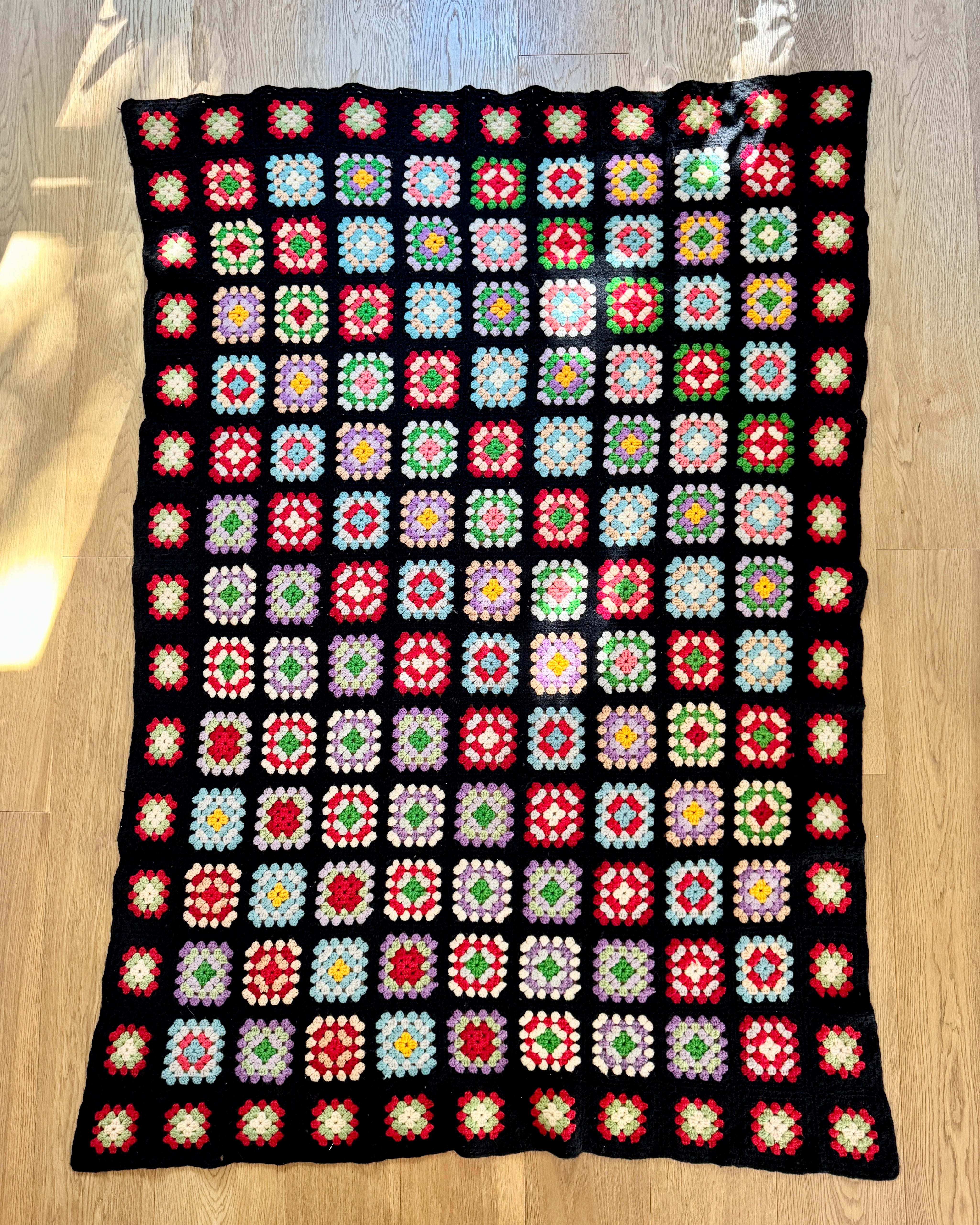 Vintage 1960s Granny Squares Afghan Handmade Wool Crochet Throw Blanket: Black 47"X68"