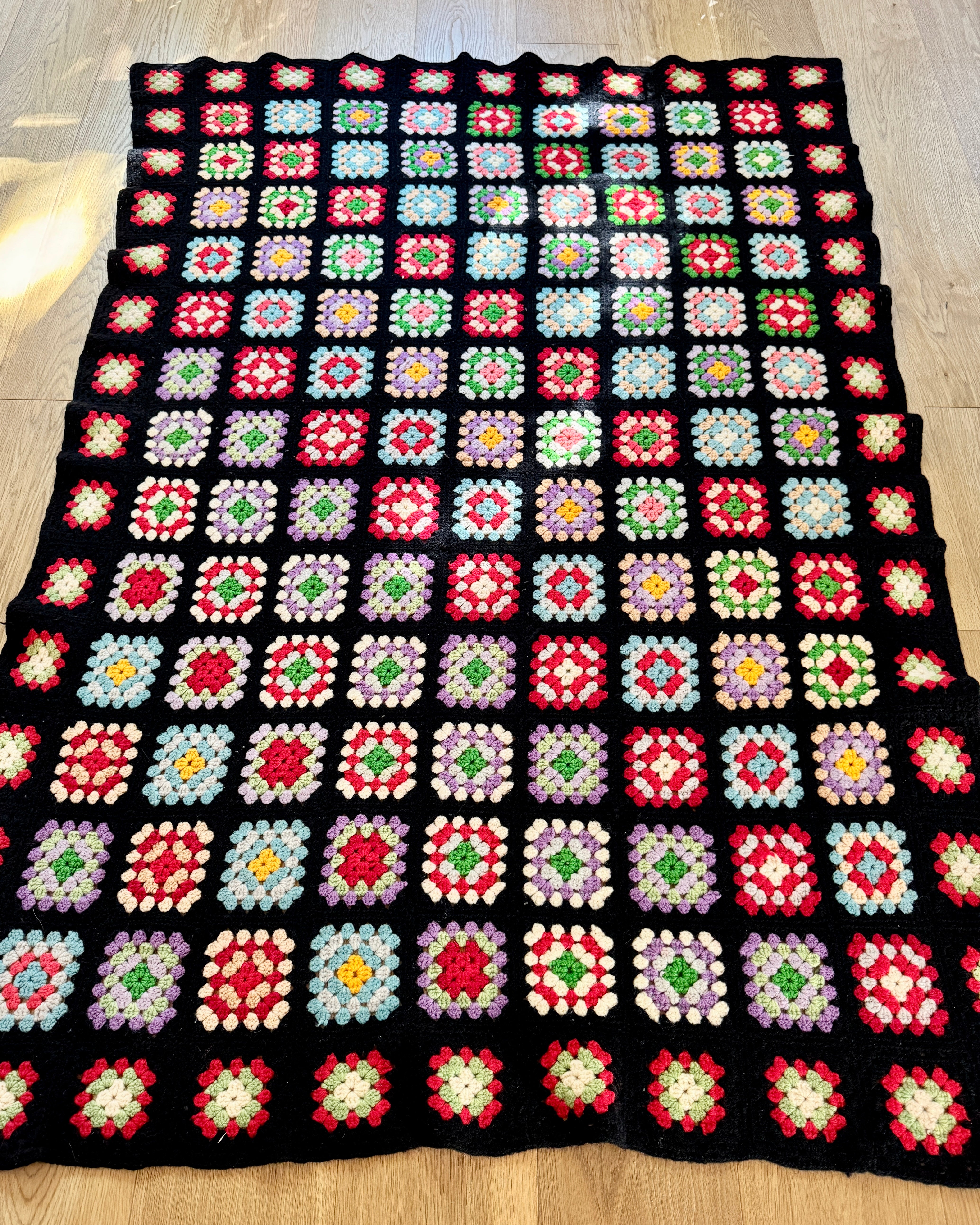 Vintage 1960s Granny Squares Afghan Handmade Wool Crochet Throw Blanket: Black 47"X68"