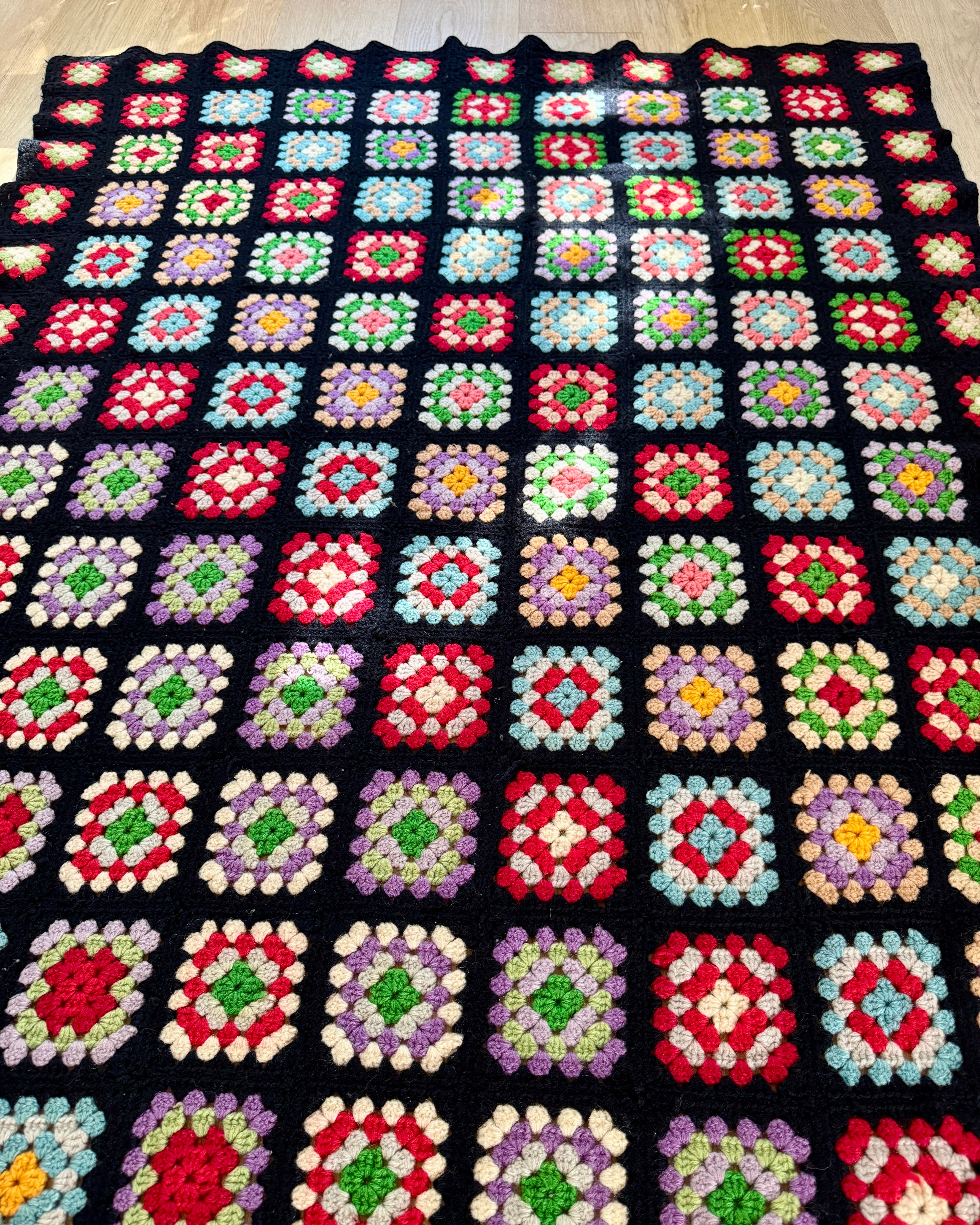 Vintage 1960s Granny Squares Afghan Handmade Wool Crochet Throw Blanket: Black 47"X68"