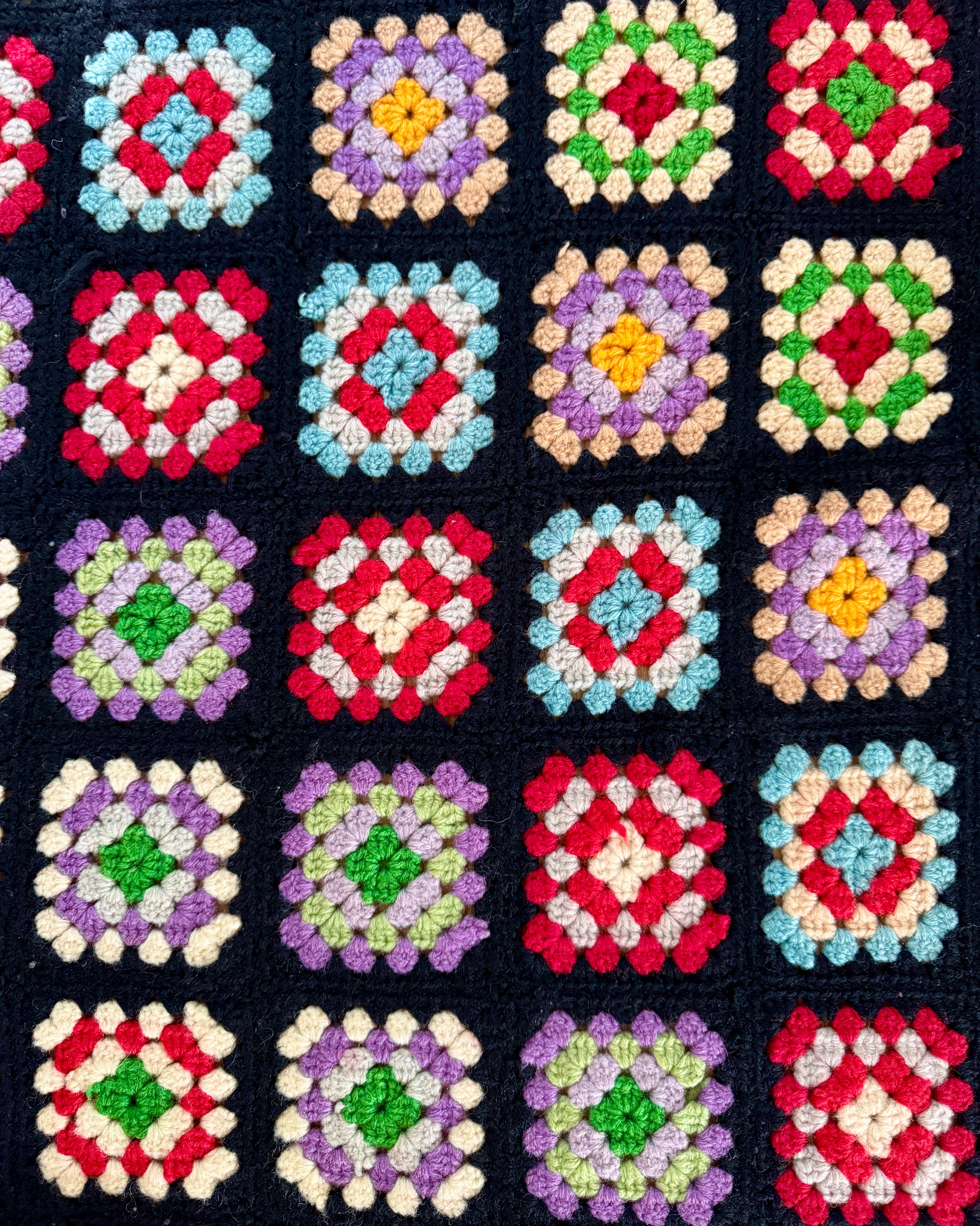Vintage 1960s Granny Squares Afghan Handmade Wool Crochet Throw Blanket: Black 47"X68"