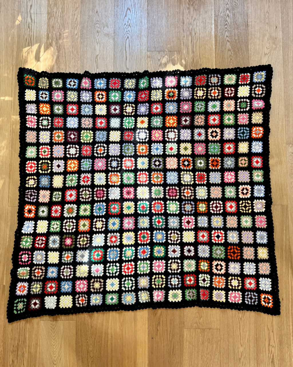 Vintage 1960s Granny Squares Afghan Handmade Wool Crochet Throw: Black 51"X54"