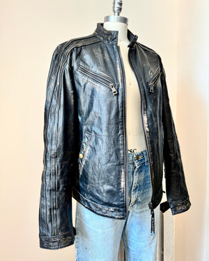 Vintage Y2K ENERGIE Italian Brand Mens Black Distressed Genuine Leather Motorcycle Racing Jacket Size M