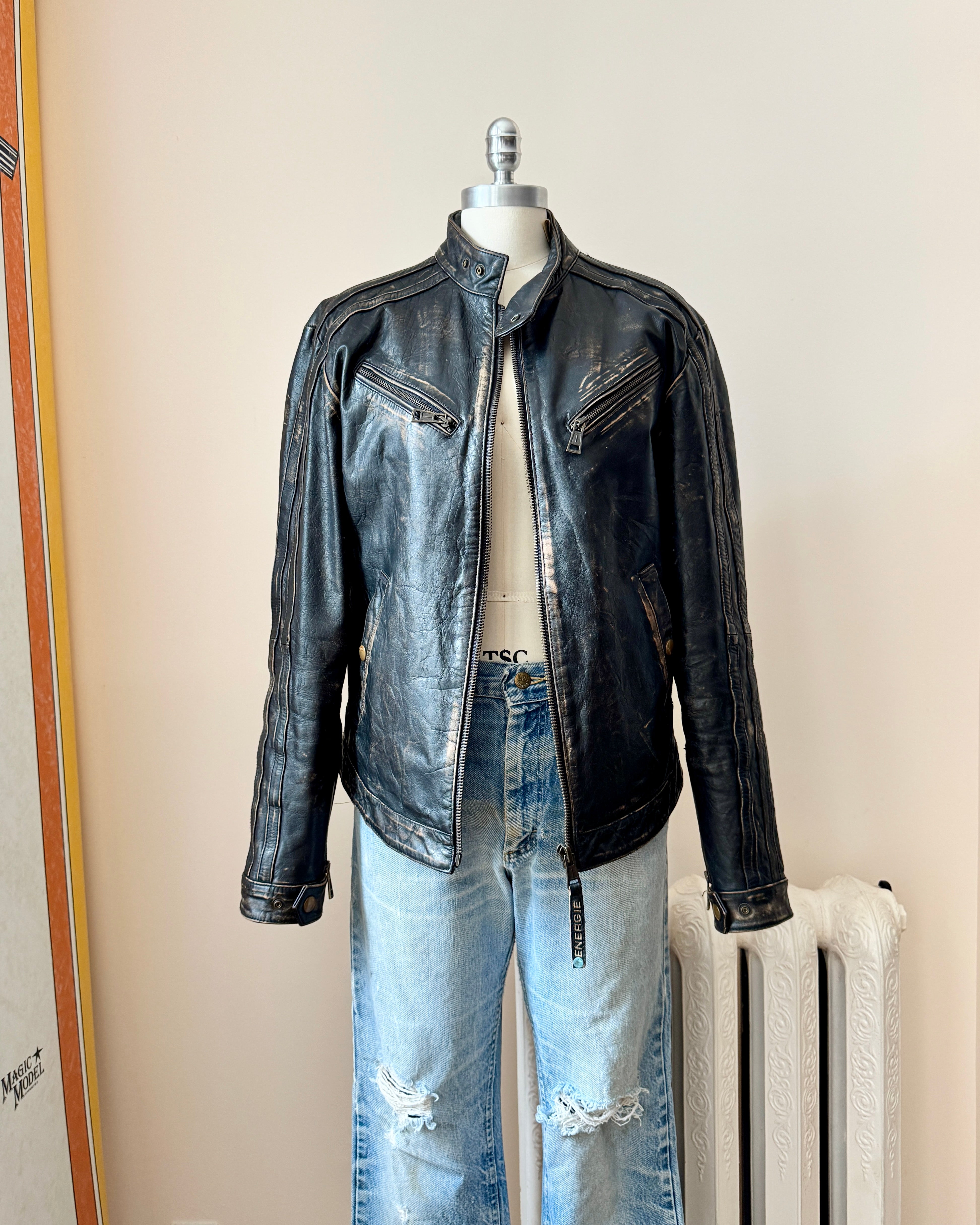 Vintage Y2K ENERGIE Italian Brand Mens Black Distressed Genuine Leather Motorcycle Racing Jacket Size M