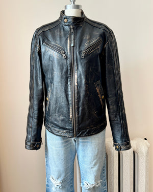 Vintage Y2K ENERGIE Italian Brand Mens Black Distressed Genuine Leather Motorcycle Racing Jacket Size M