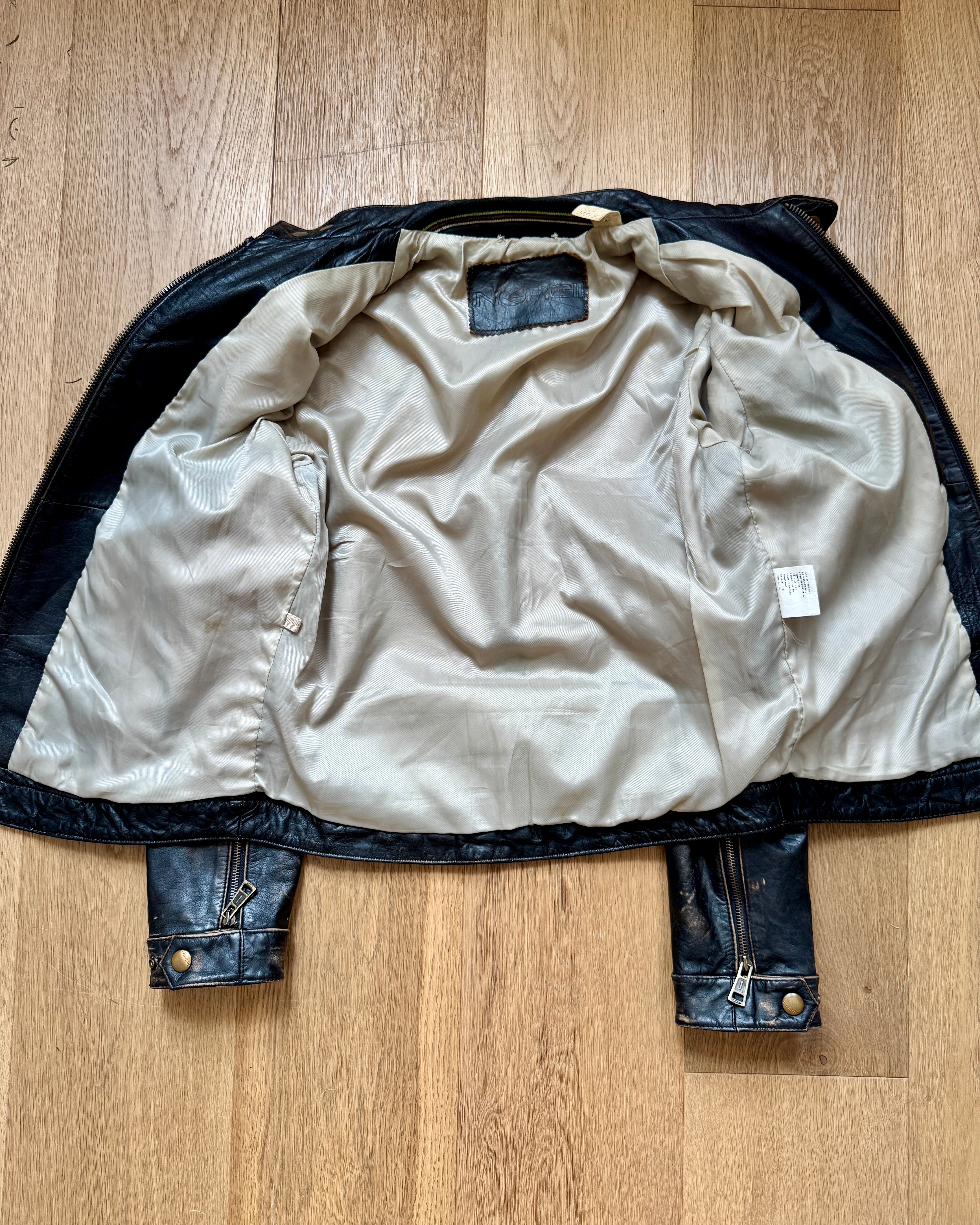 Vintage Y2K ENERGIE Italian Brand Mens Black Distressed Genuine Leather Motorcycle Racing Jacket Size M