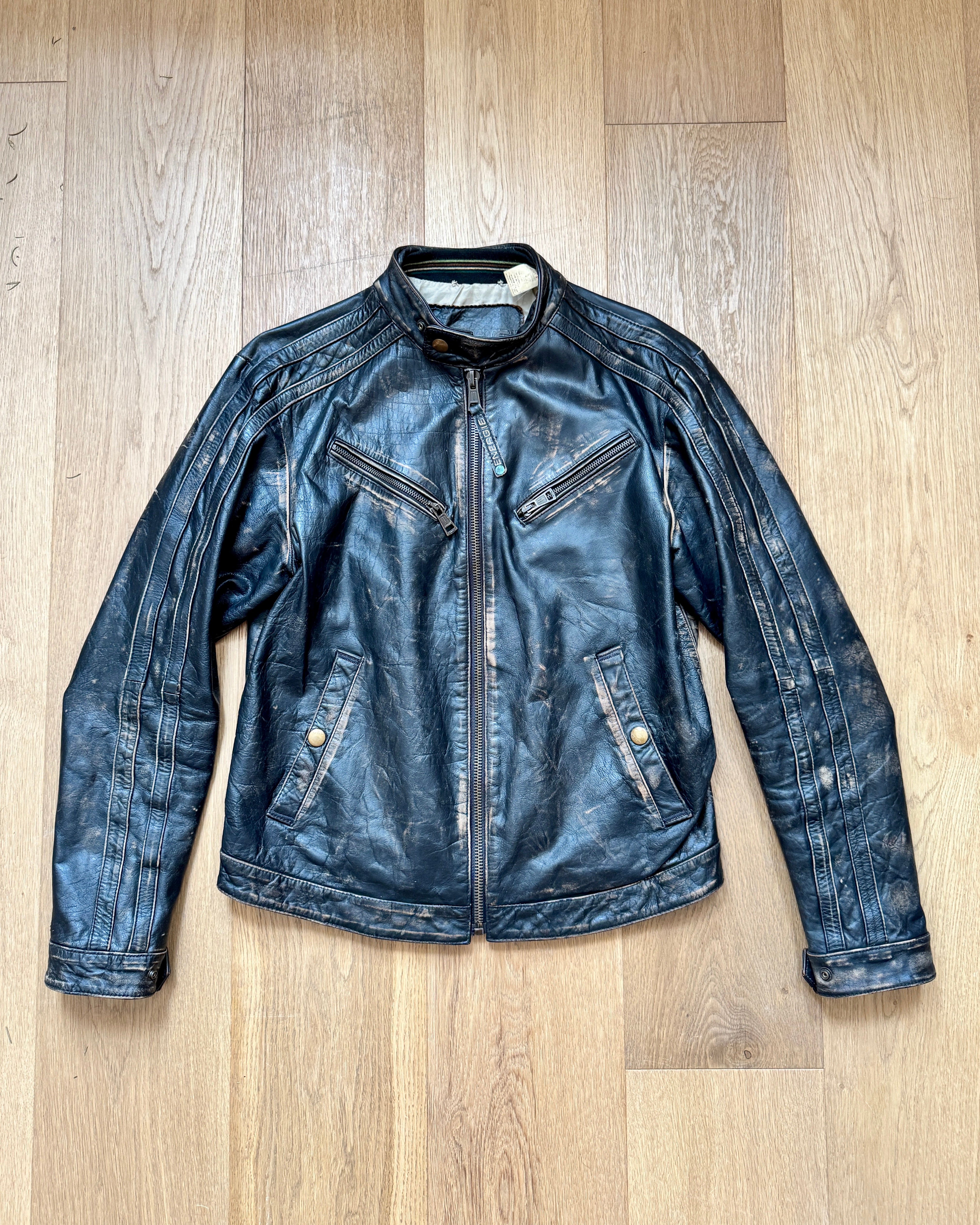 Vintage Y2K ENERGIE Italian Brand Mens Black Distressed Genuine Leather Motorcycle Racing Jacket Size M