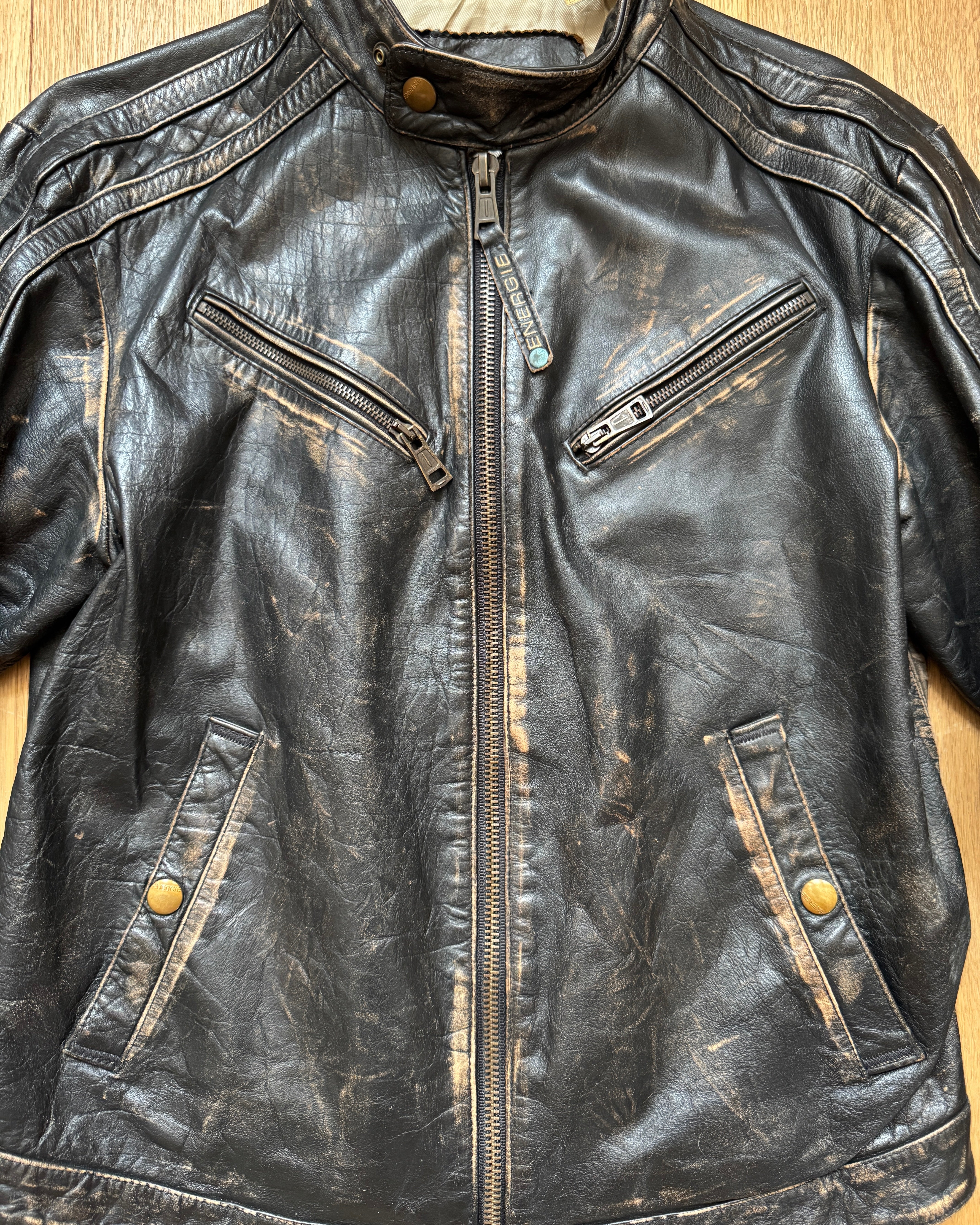 Vintage Y2K ENERGIE Italian Brand Mens Black Distressed Genuine Leather Motorcycle Racing Jacket Size M