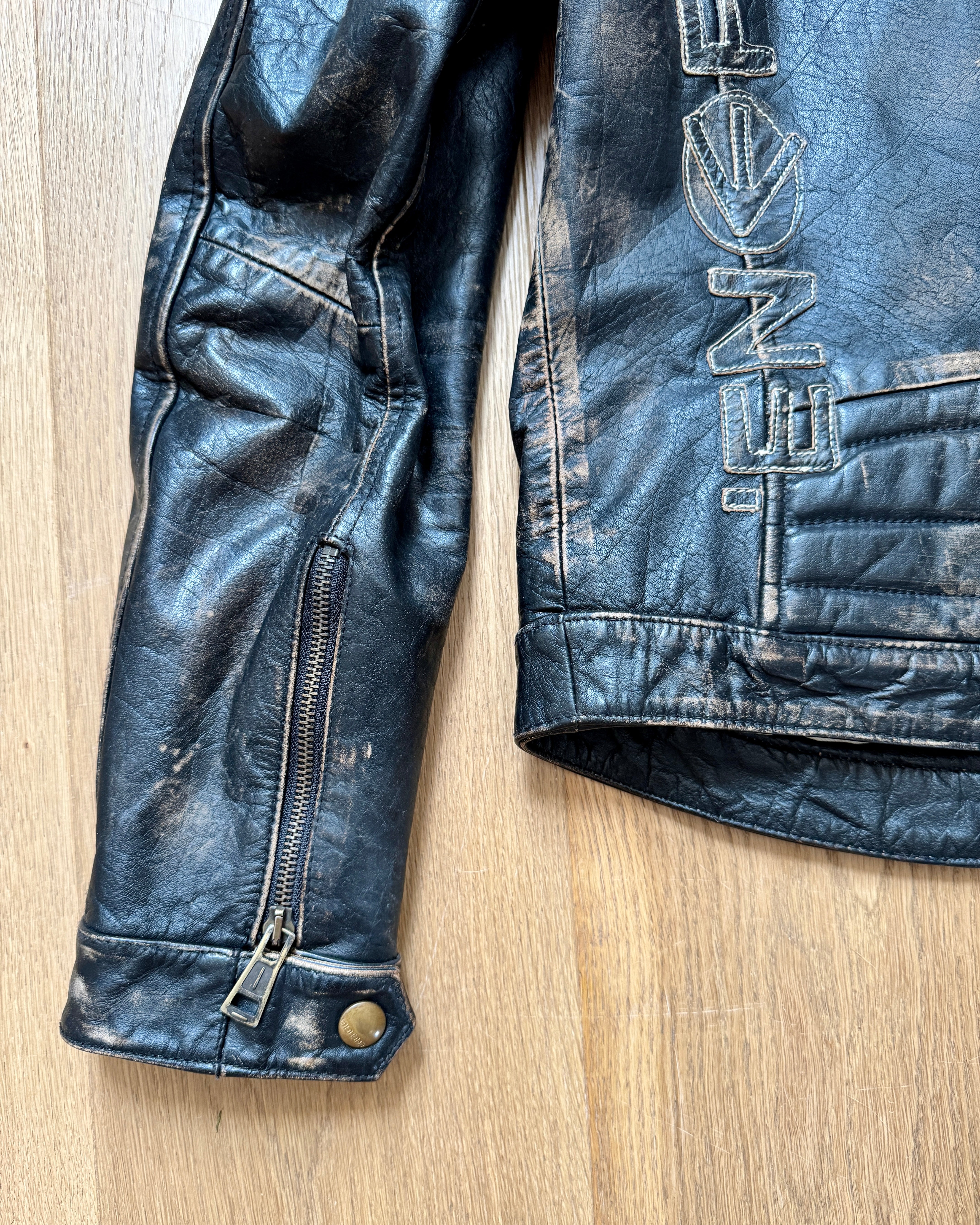 Vintage Y2K ENERGIE Italian Brand Mens Black Distressed Genuine Leather Motorcycle Racing Jacket Size M