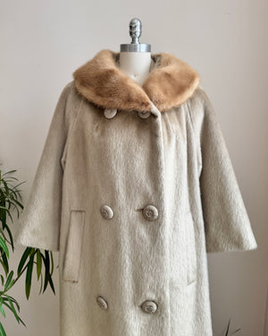 Vintage 1960s The HIGBEE Company Cleveland Blonde Faux Fur with Real Mink Collar Double Breasted Coat Union Made in USA M *New Condition