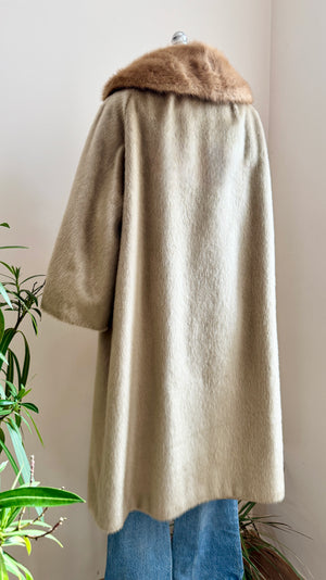 Vintage 1960s The HIGBEE Company Cleveland Blonde Faux Fur with Real Mink Collar Double Breasted Coat Union Made in USA M *New Condition