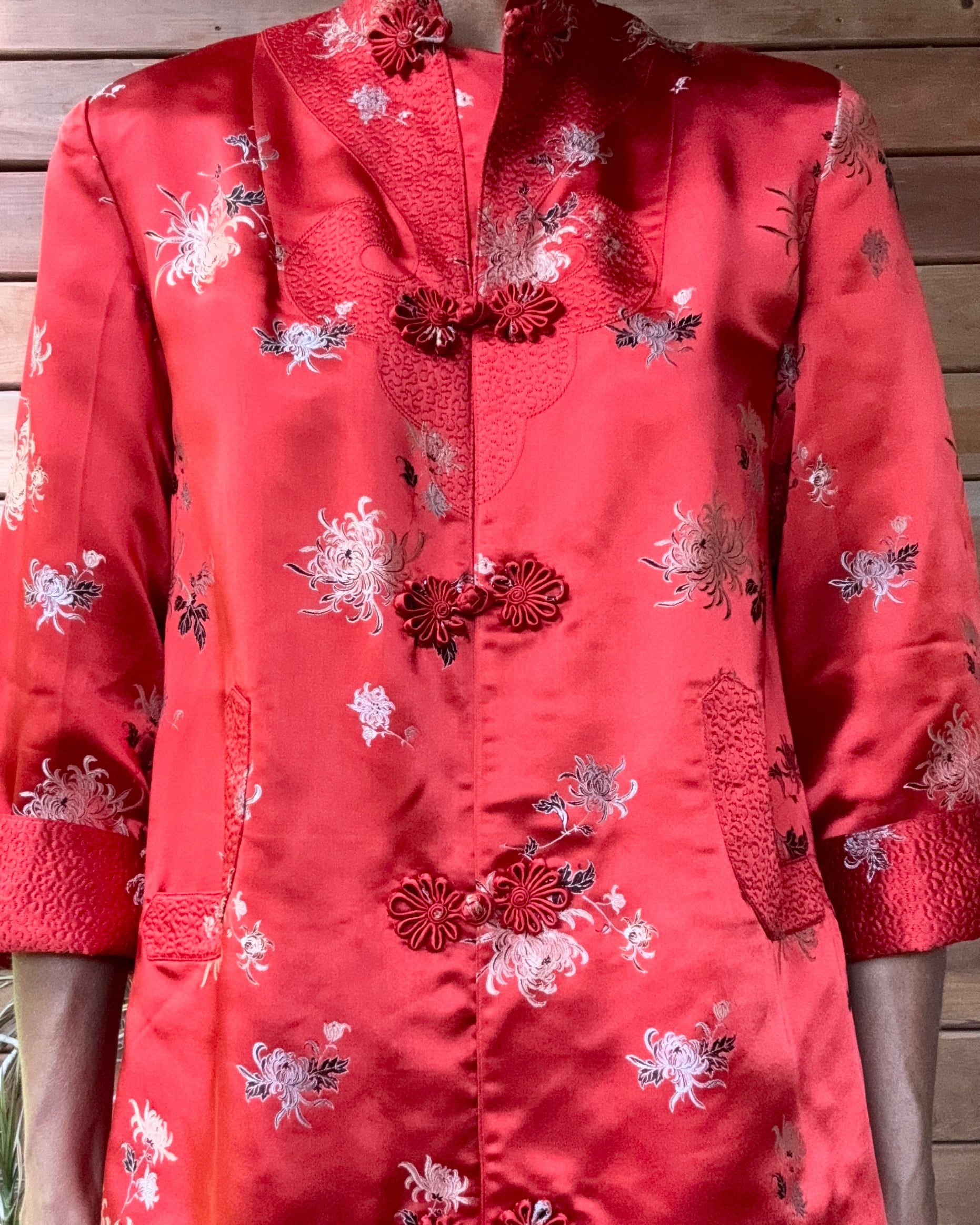 Vintage 1960s PEONY Red and Black Brocade Satin Jacket Coat Tunic and Pant Pyjama Lounge Set Size 6