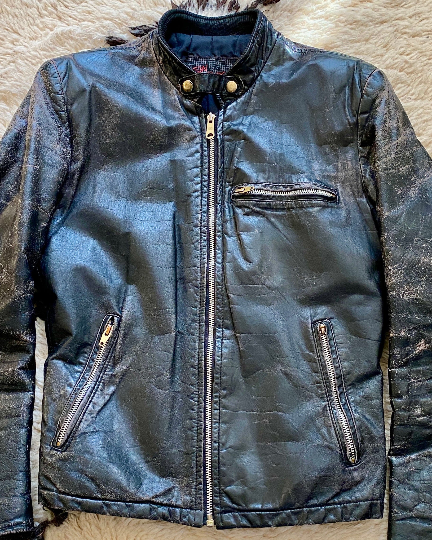 Vintage 1980s Black Distressed Racer Biker Motorcycle Leather Jacket S M