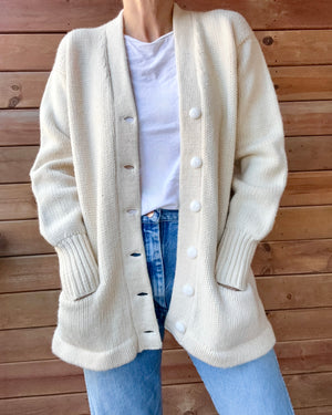 Vintage 1950s 1960s Cream Wool Letterman Varsity College Cardigan Sweater Jacket