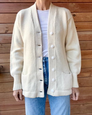 Vintage 1950s 1960s Cream Wool Letterman Varsity College Cardigan Sweater Jacket