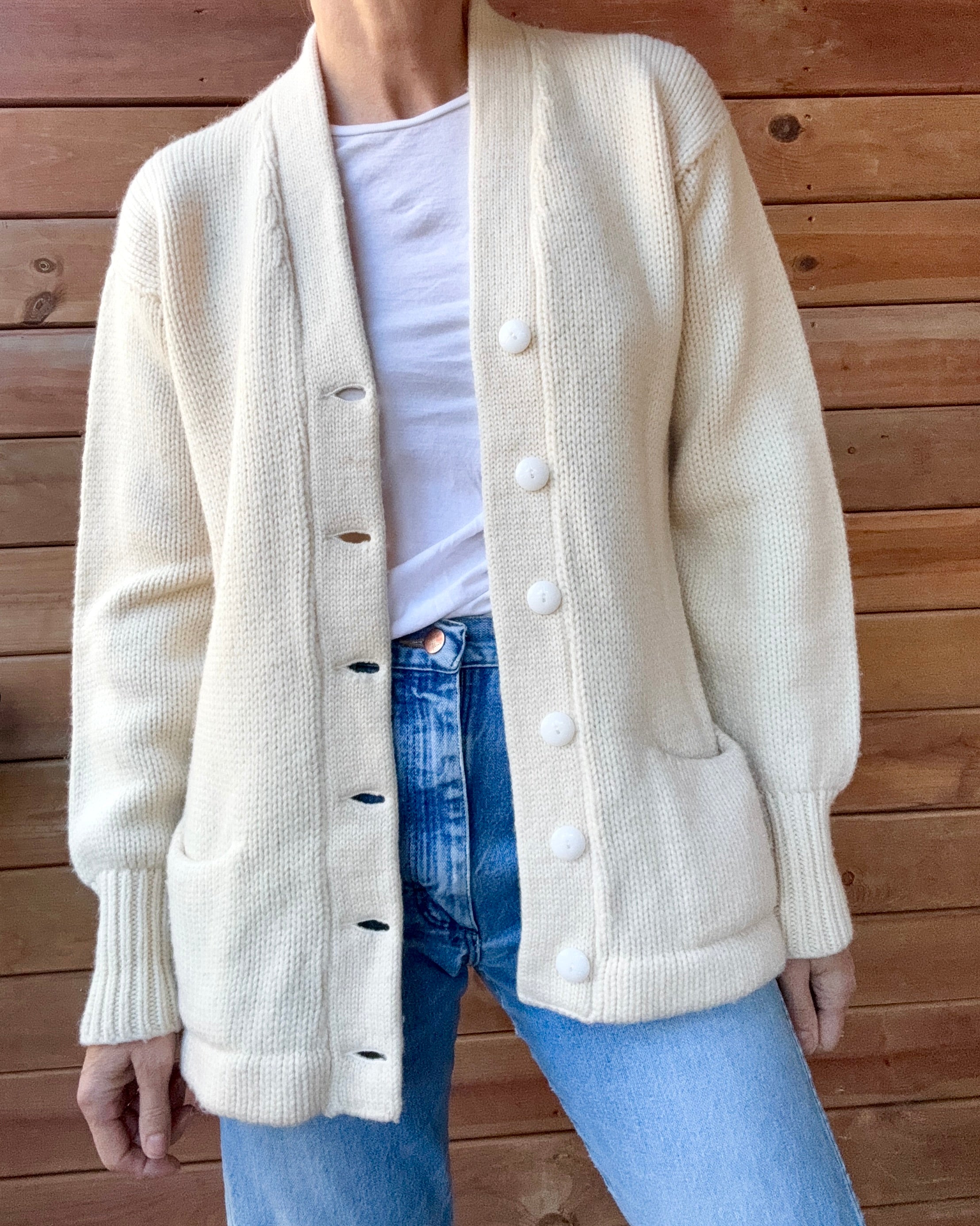 Vintage 1950s 1960s Cream Wool Letterman Varsity College Cardigan Sweater Jacket