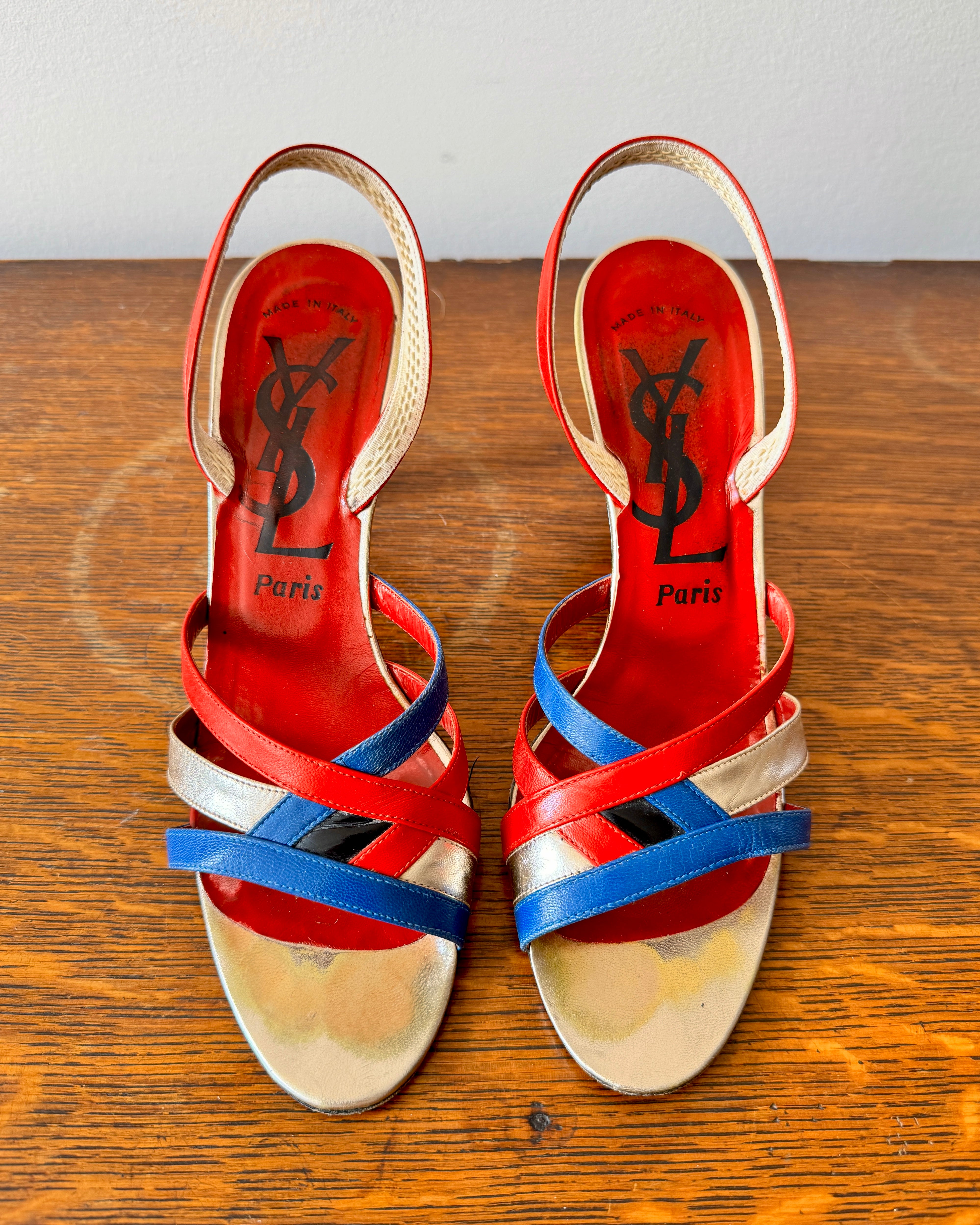 Vintage 1970s YSL Yves Saint Laurent Leather Red Blue and Gold High Heel Sling Back Sandals Shoes Made In Italy Size 8.5