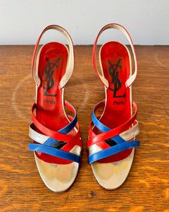Vintage 1970s YSL Yves Saint Laurent Leather Red Blue and Gold High Heel Sling Back Sandals Shoes Made In Italy Size 8.5