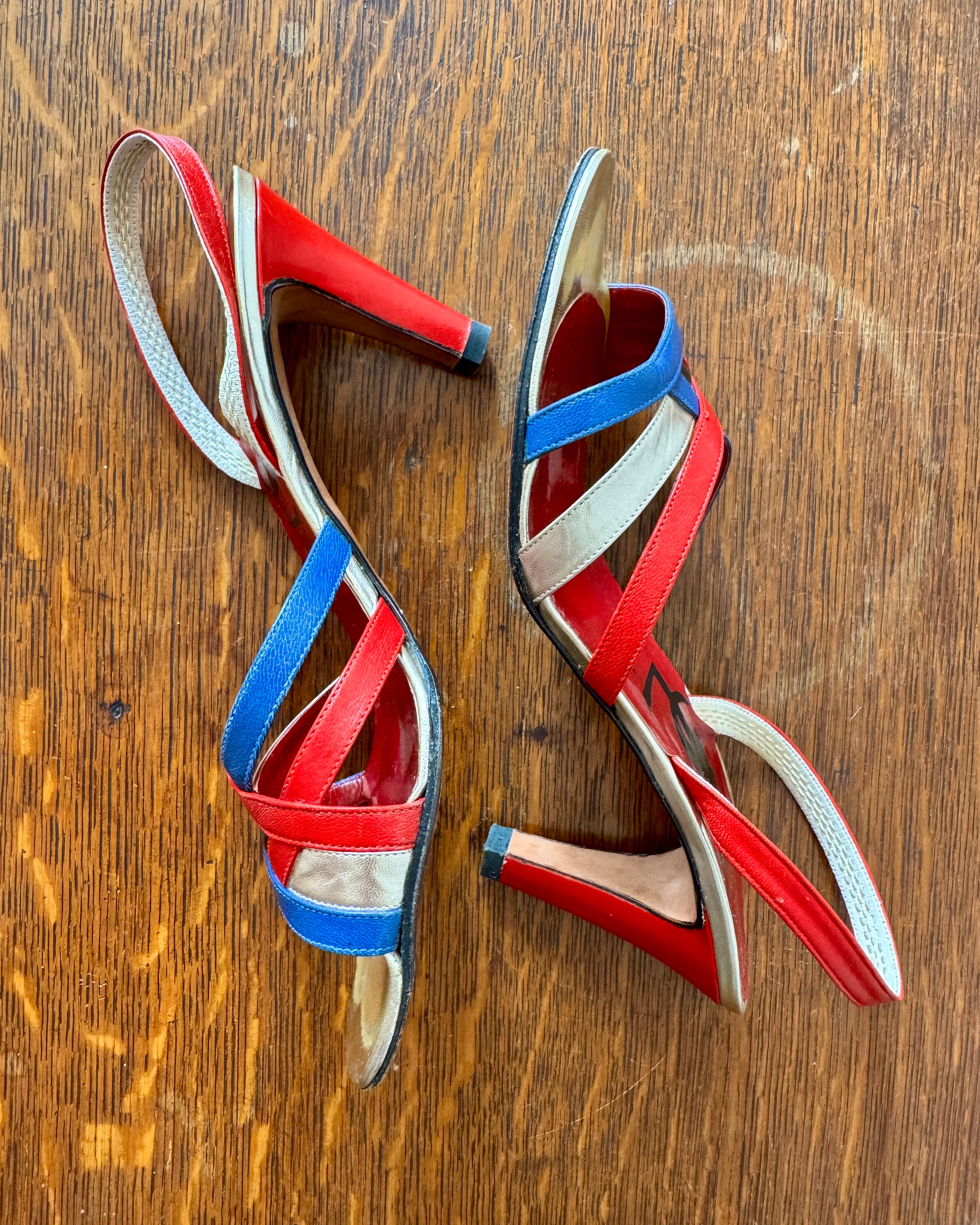 Vintage 1970s YSL Yves Saint Laurent Leather Red Blue and Gold High Heel Sling Back Sandals Shoes Made In Italy Size 8.5