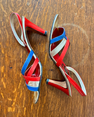Vintage 1970s YSL Yves Saint Laurent Leather Red Blue and Gold High Heel Sling Back Sandals Shoes Made In Italy Size 8.5