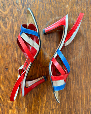 Vintage 1970s YSL Yves Saint Laurent Leather Red Blue and Gold High Heel Sling Back Sandals Shoes Made In Italy Size 8.5