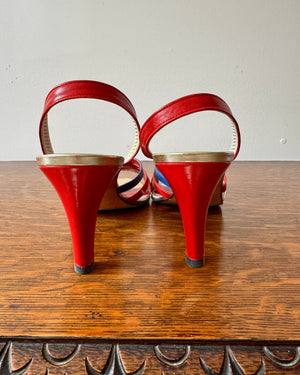 Vintage 1970s YSL Yves Saint Laurent Leather Red Blue and Gold High Heel Sling Back Sandals Shoes Made In Italy Size 8.5