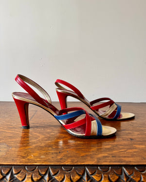 Vintage 1970s YSL Yves Saint Laurent Leather Red Blue and Gold High Heel Sling Back Sandals Shoes Made In Italy Size 8.5