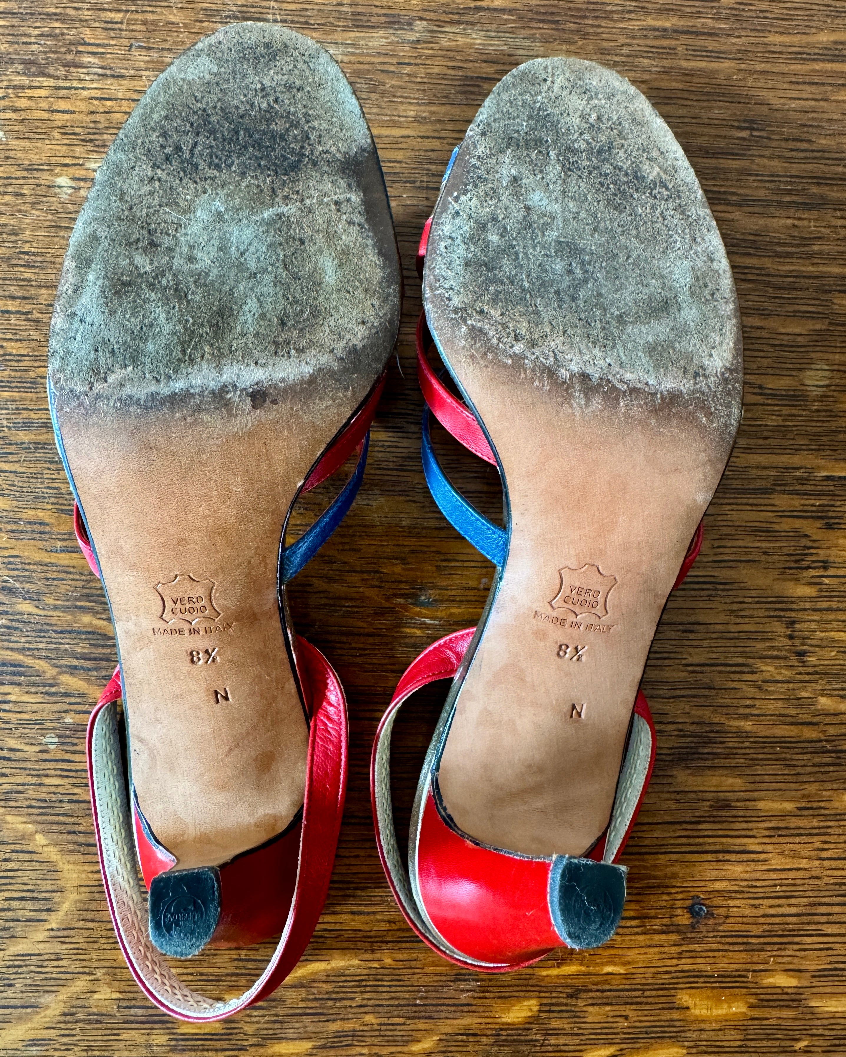 Vintage 1970s YSL Yves Saint Laurent Leather Red Blue and Gold High Heel Sling Back Sandals Shoes Made In Italy Size 8.5