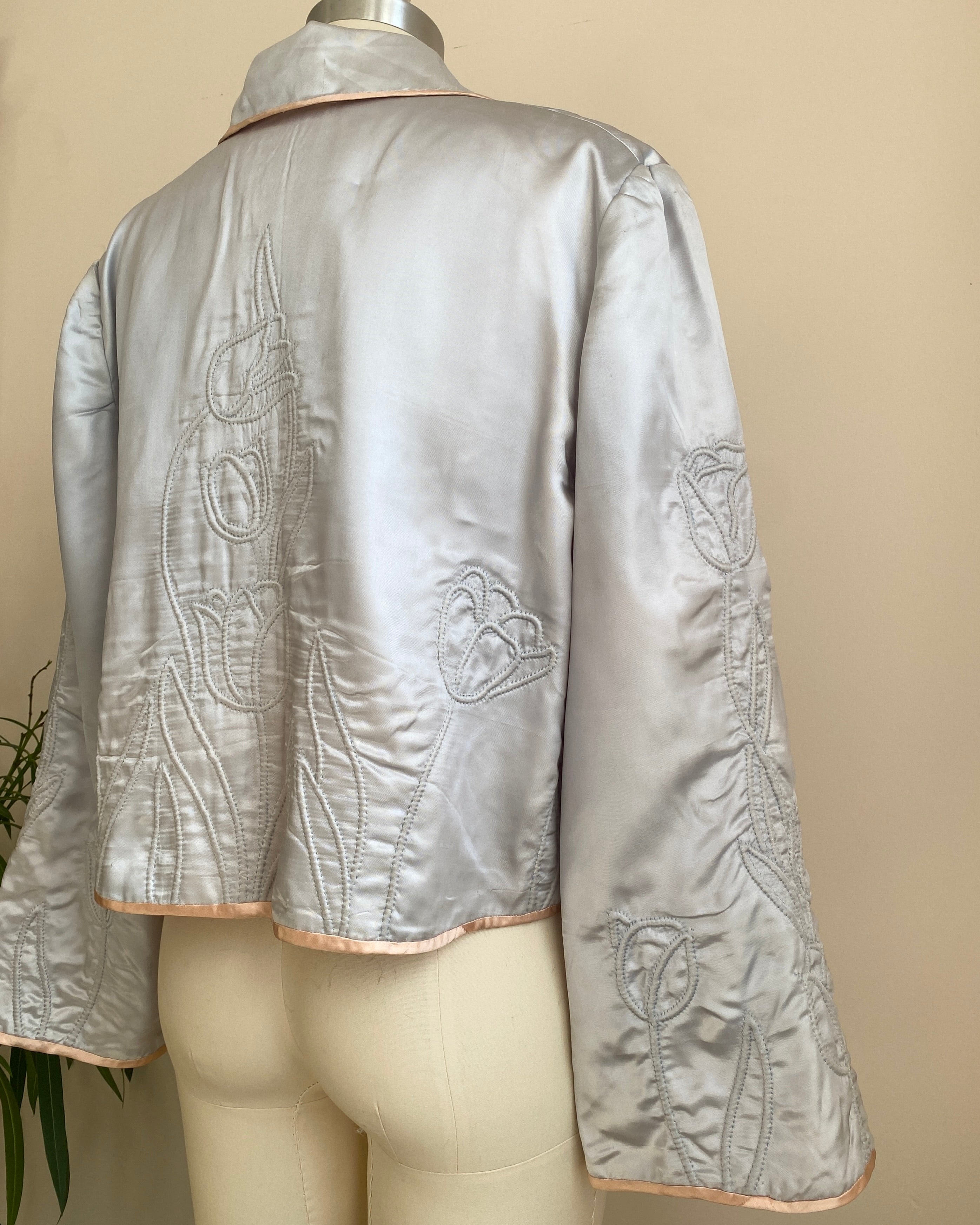 Vintage 1930s Liquid Silk Satin Light Blue Silver and Peach Quilted Tulips Bed Jacket with Bell Sleeves M