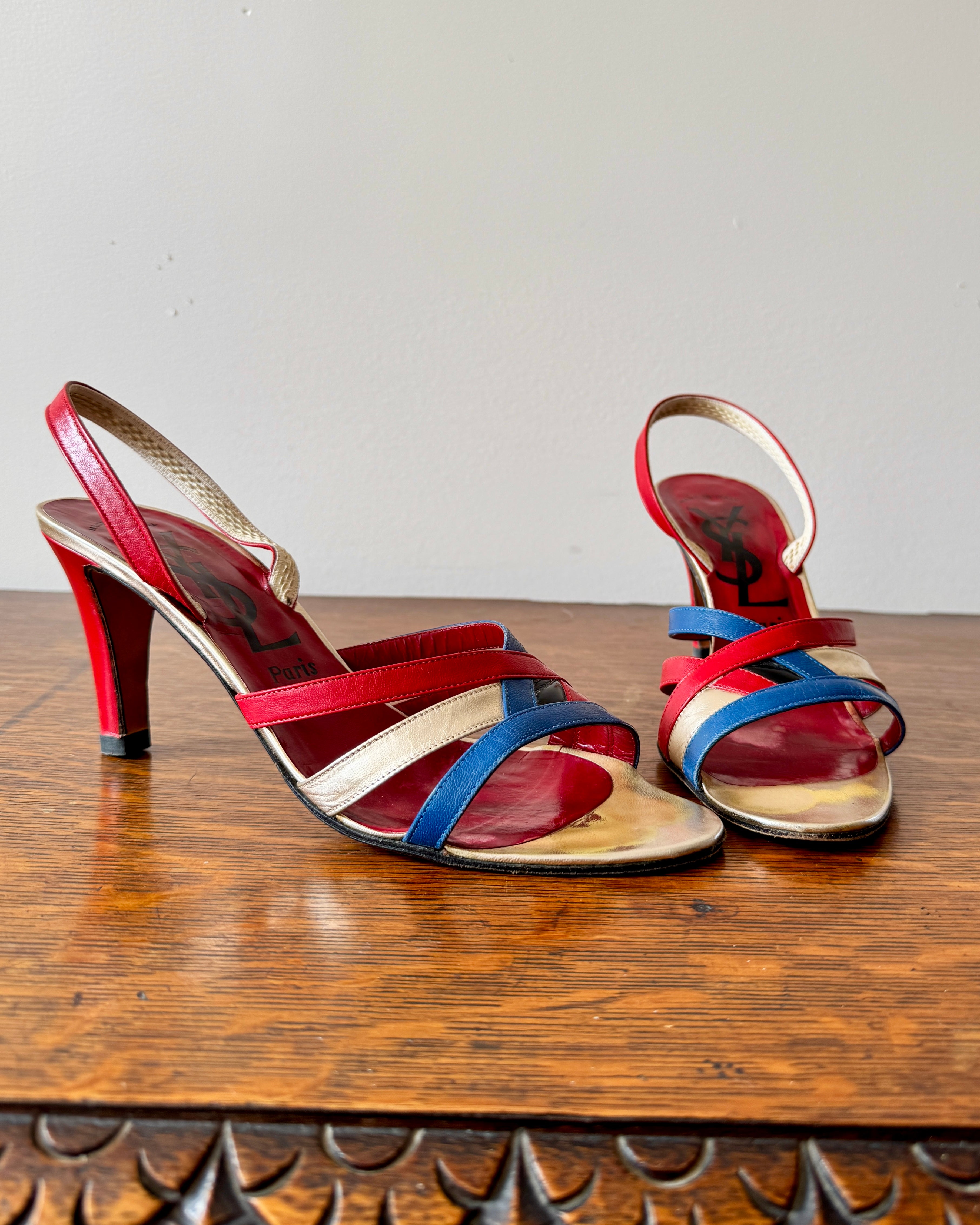 Vintage 1970s YSL Yves Saint Laurent Leather Red Blue and Gold High Heel Sling Back Sandals Shoes Made In Italy Size 8.5