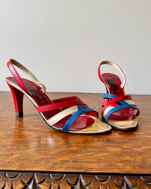 Vintage 1970s YSL Yves Saint Laurent Leather Red Blue and Gold High Heel Sling Back Sandals Shoes Made In Italy Size 8.5