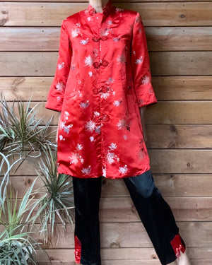 Vintage 1960s PEONY Red and Black Brocade Satin Jacket Coat Tunic and Pant Pyjama Lounge Set Size 6