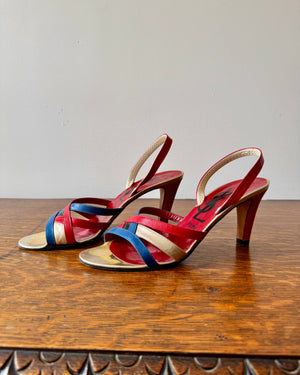 Vintage 1970s YSL Yves Saint Laurent Leather Red Blue and Gold High Heel Sling Back Sandals Shoes Made In Italy Size 8.5