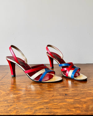 Vintage 1970s YSL Yves Saint Laurent Leather Red Blue and Gold High Heel Sling Back Sandals Shoes Made In Italy Size 8.5