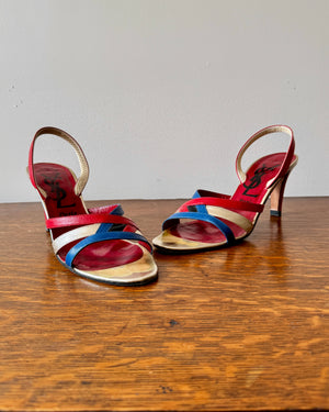 Vintage 1970s YSL Yves Saint Laurent Leather Red Blue and Gold High Heel Sling Back Sandals Shoes Made In Italy Size 8.5