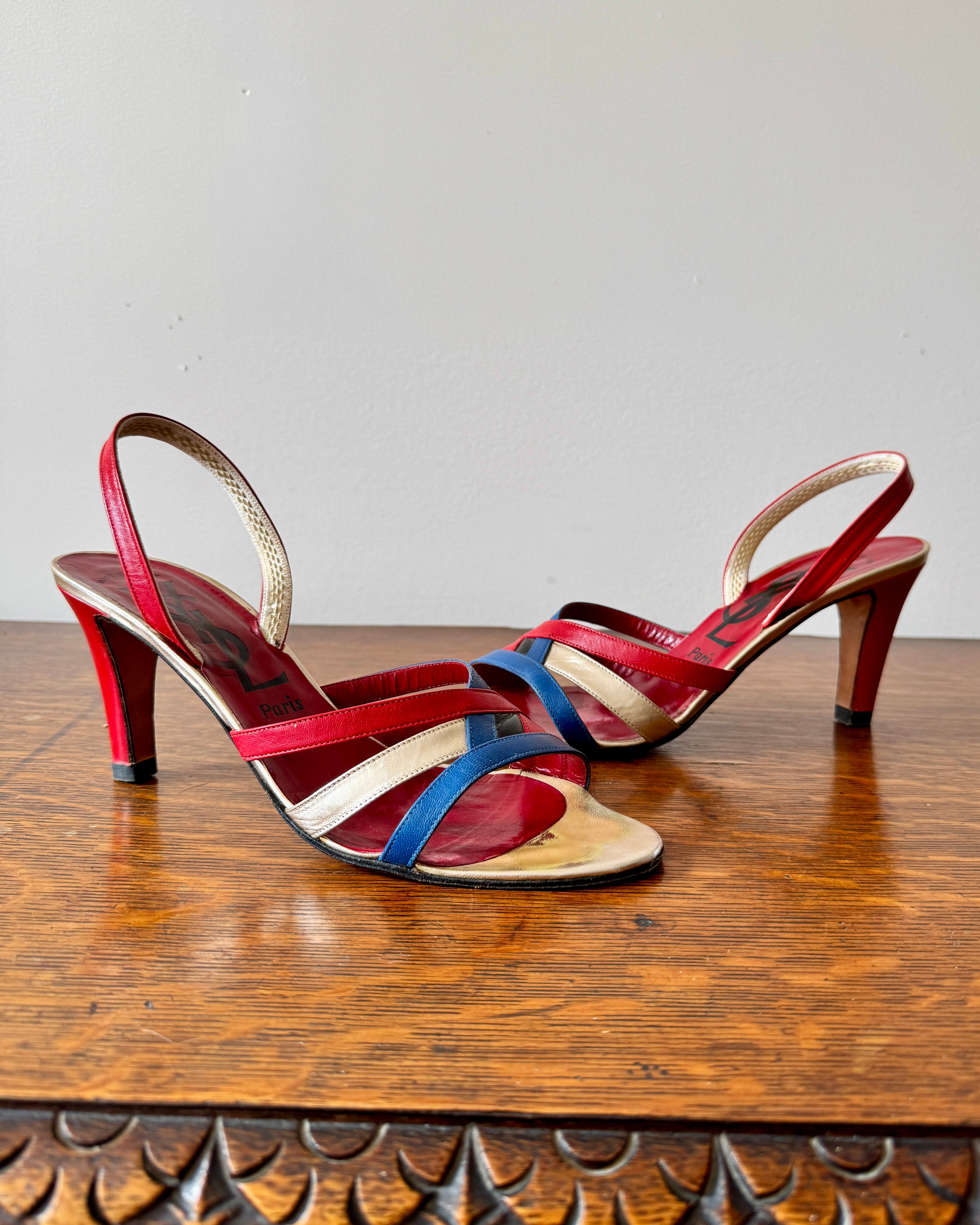 Vintage 1970s YSL Yves Saint Laurent Leather Red Blue and Gold High Heel Sling Back Sandals Shoes Made In Italy Size 8.5
