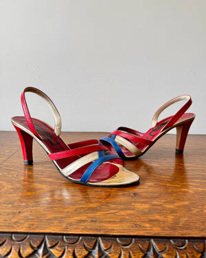 Vintage 1970s YSL Yves Saint Laurent Leather Red Blue and Gold High Heel Sling Back Sandals Shoes Made In Italy Size 8.5